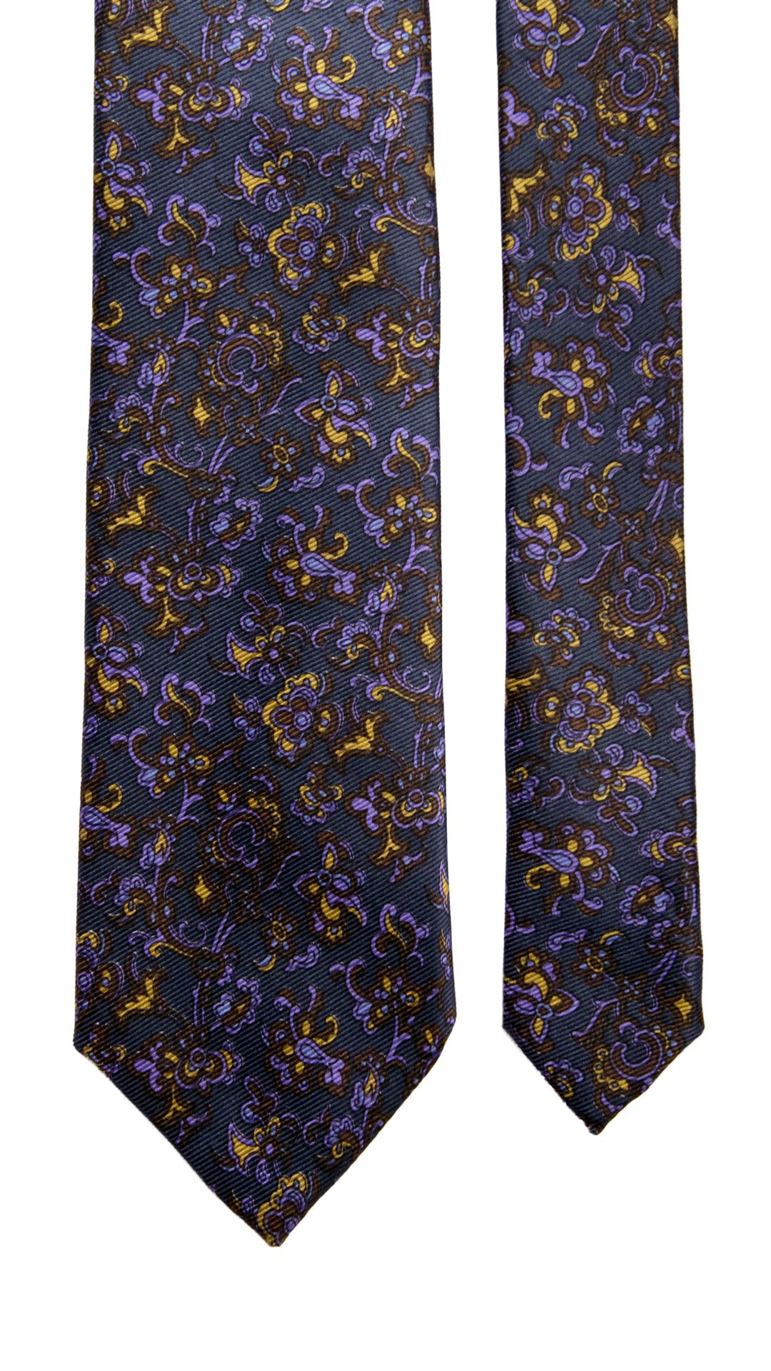 Cravatta Vintage in Saia di Seta Blu a Fiori Marroni Viola Gialli Made in Italy Graffeo Cravatte Pala