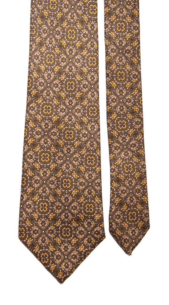 Cravatta Vintage in Saia di Seta Verde Fantasia Grigio Senape Made in Italy Graffeo Cravatte Pala