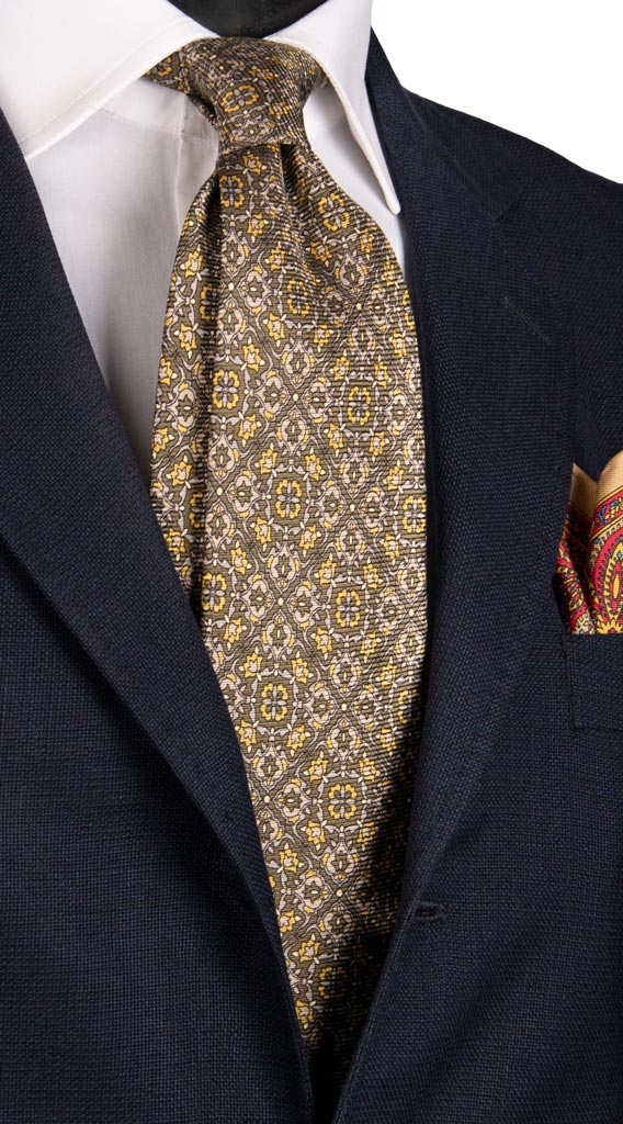 Cravatta Vintage in Saia di Seta Verde Fantasia Grigio Senape Made in Italy Graffeo Cravatte