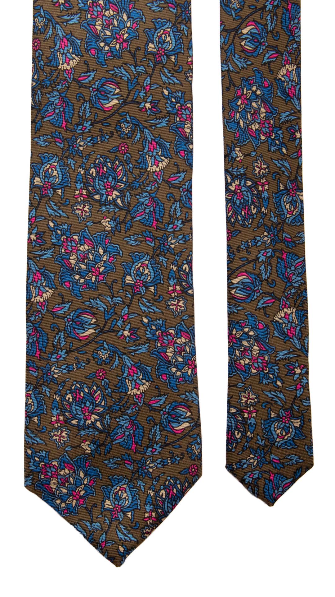 Cravatta Vintage in Saia di Seta Verde Militare a Fiori Celesti Fucsia Beige Made in Italy Graffeo Cravatte Pala