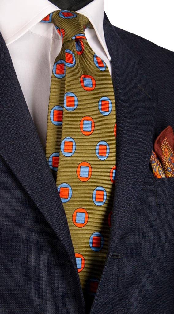 Cravatta Vintage in Saia di Seta Verde Oliva Fantasia Celeste Arancione Made in Italy Graffeo Cravatte