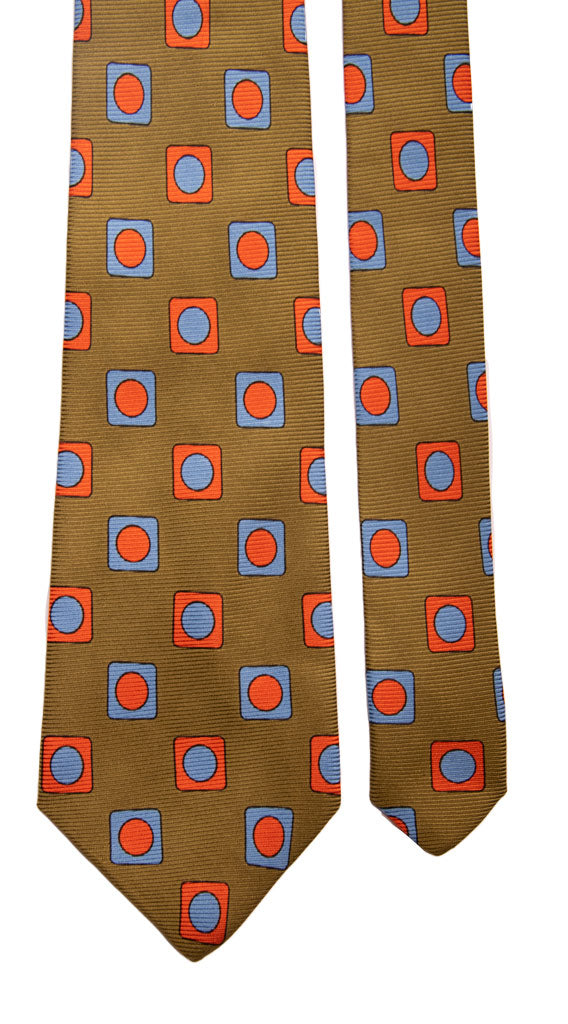 Cravatta Vintage in Saia di Seta Verde Oliva Fantasia Celeste Arancione Made in Italy Graffeo Cravatte Pala