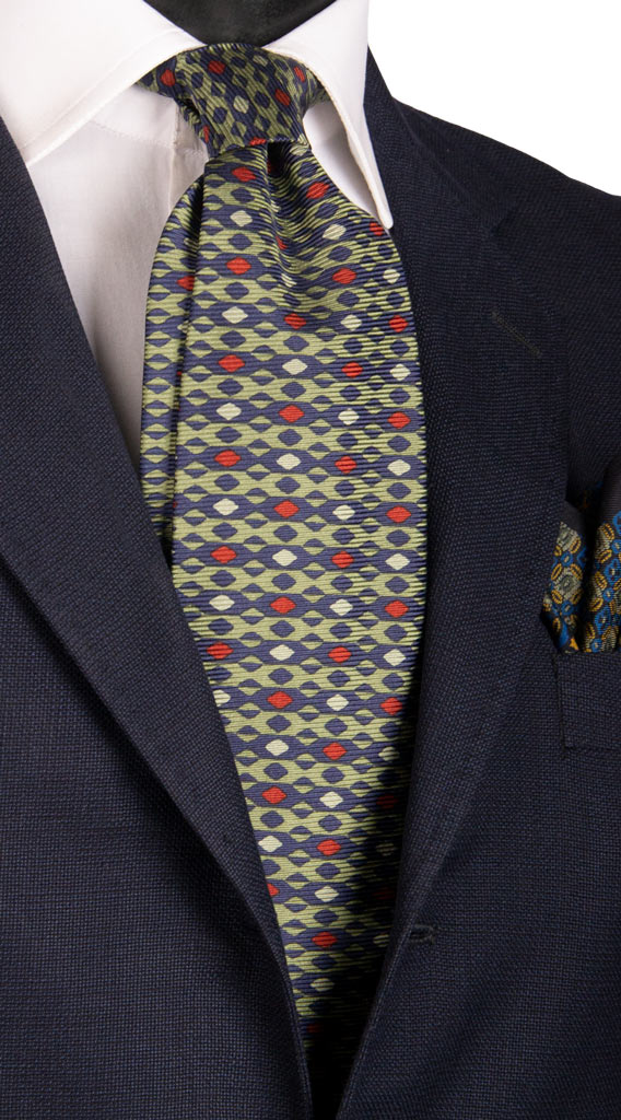 Cravatta Vintage in Saia di Seta Verde Sabbia Blu Fantasia Rossa Made in Italy Graffeo Cravatte