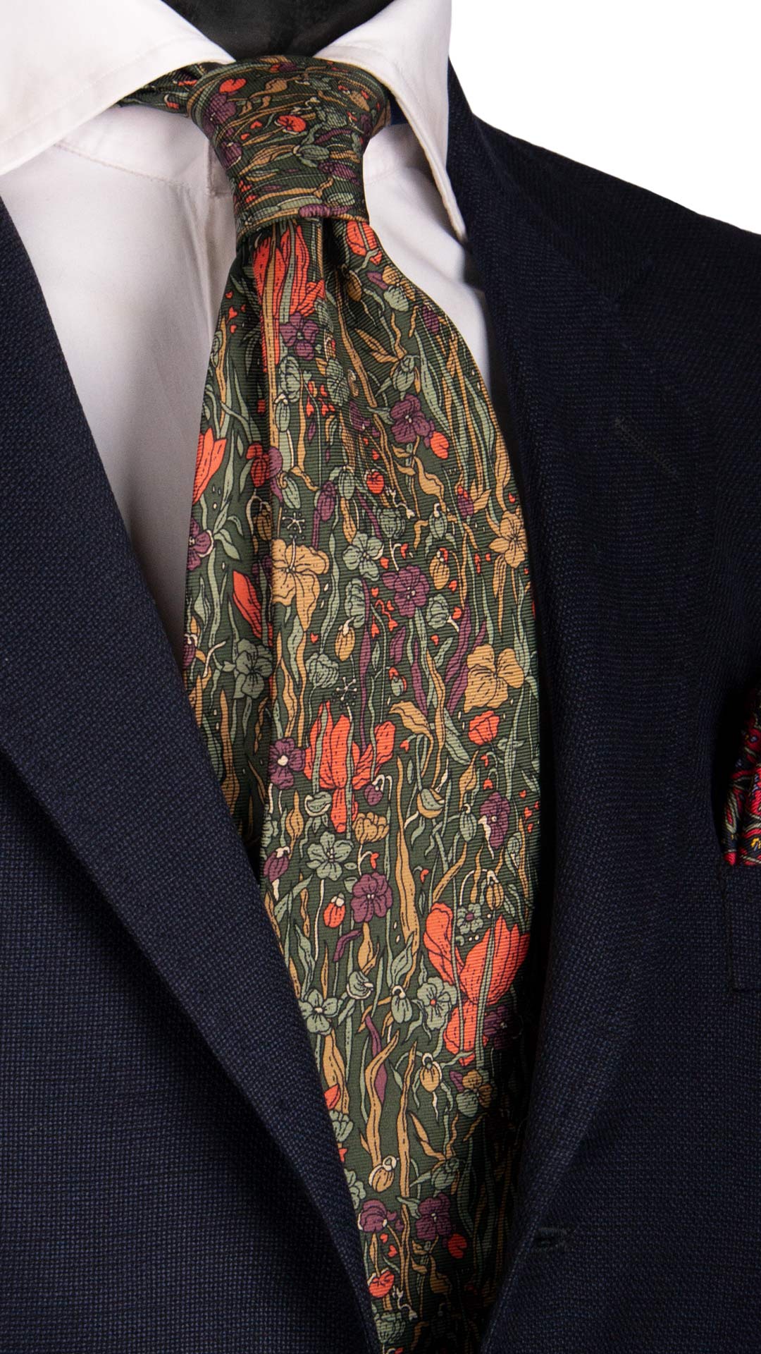 Cravatta Vintage in Saia di Seta Verde a Fiori Multicolor con Animali Made in Italy Graffeo Cravatte