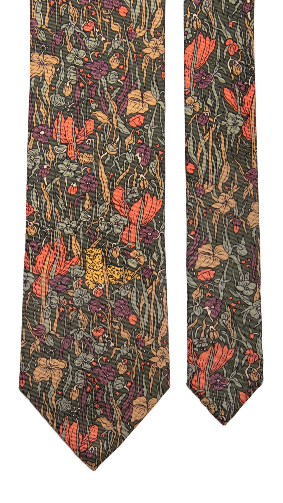 Cravatta Vintage in Saia di Seta Verde a Fiori Multicolor con Animali Made in Italy Graffeo Cravatte Pala
