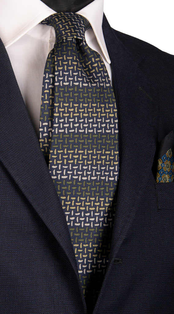 Cravatta Vintage in Twill di Seta Blu Fantasia Beige Grigio Verde Made in Italy Graffeo Cravatte