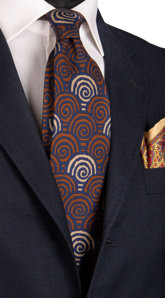 Cravatta Vintage in Twill di Seta Blu Fantasia Marrone Beige Made in Italy Graffeo Cravatte