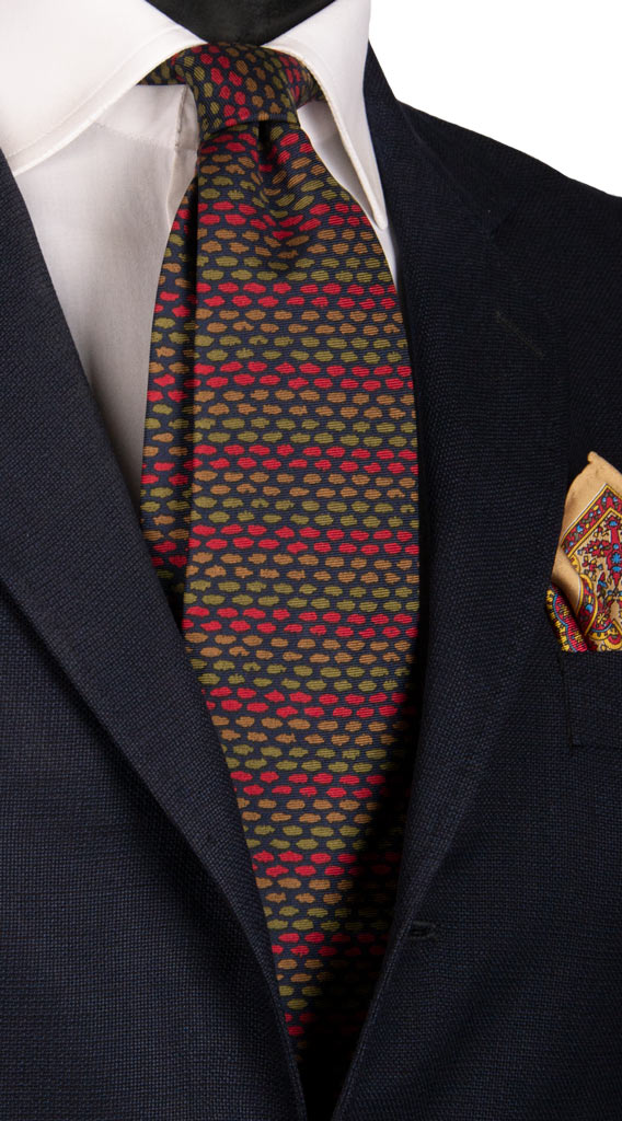 Cravatta Vintage in Twill di Seta Blu Fantasia Marrone Rosso Verde Made in Italy Graffeo Cravatte