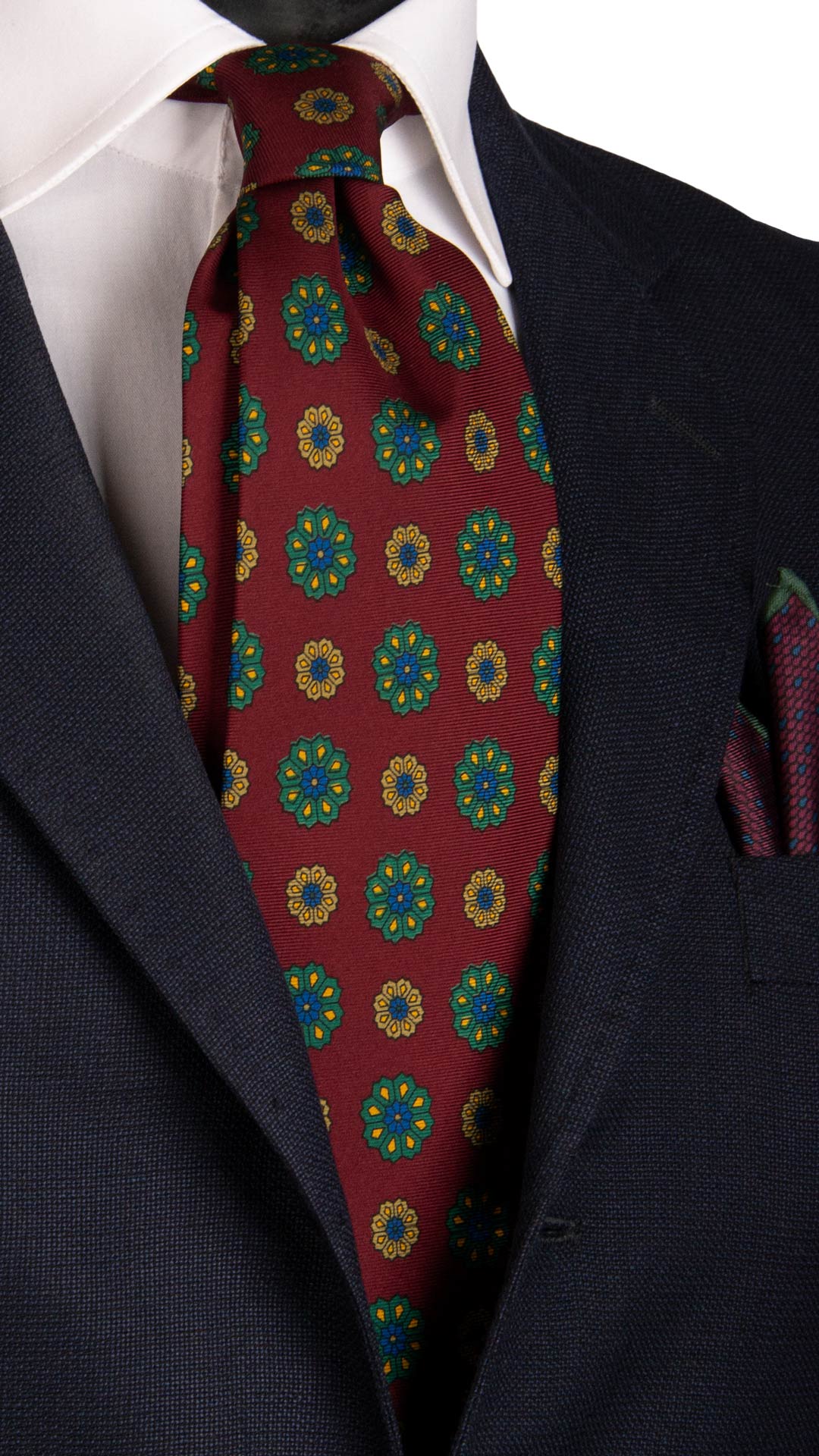 Cravatta Vintage in Twill di Seta Bordeaux Fantasia Verde Gialla Blu Made in Italy Graffeo Cravatte