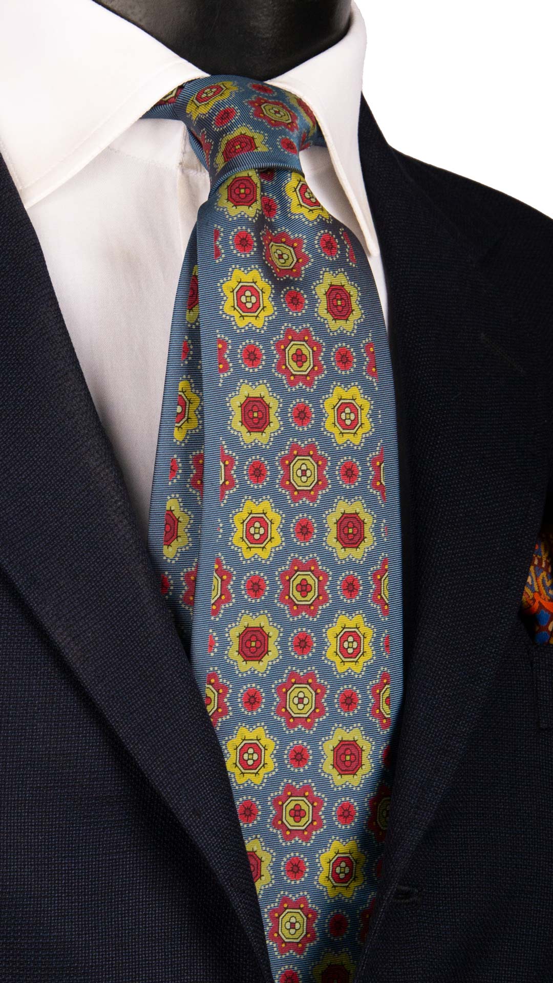 Cravatta Vintage in Twill di Seta Ceruleo Fantasia Verde Rosso Fragola CV1014 Made in Italy Graffeo Cravatte