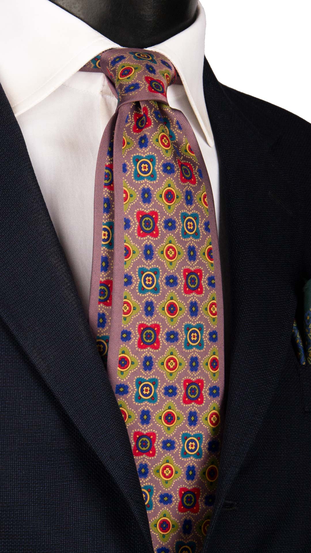 Cravatta Vintage in Twill di Seta Lilla Fantasia Verde Multicolor CV1015 Made in Italy Graffeo Cravatte