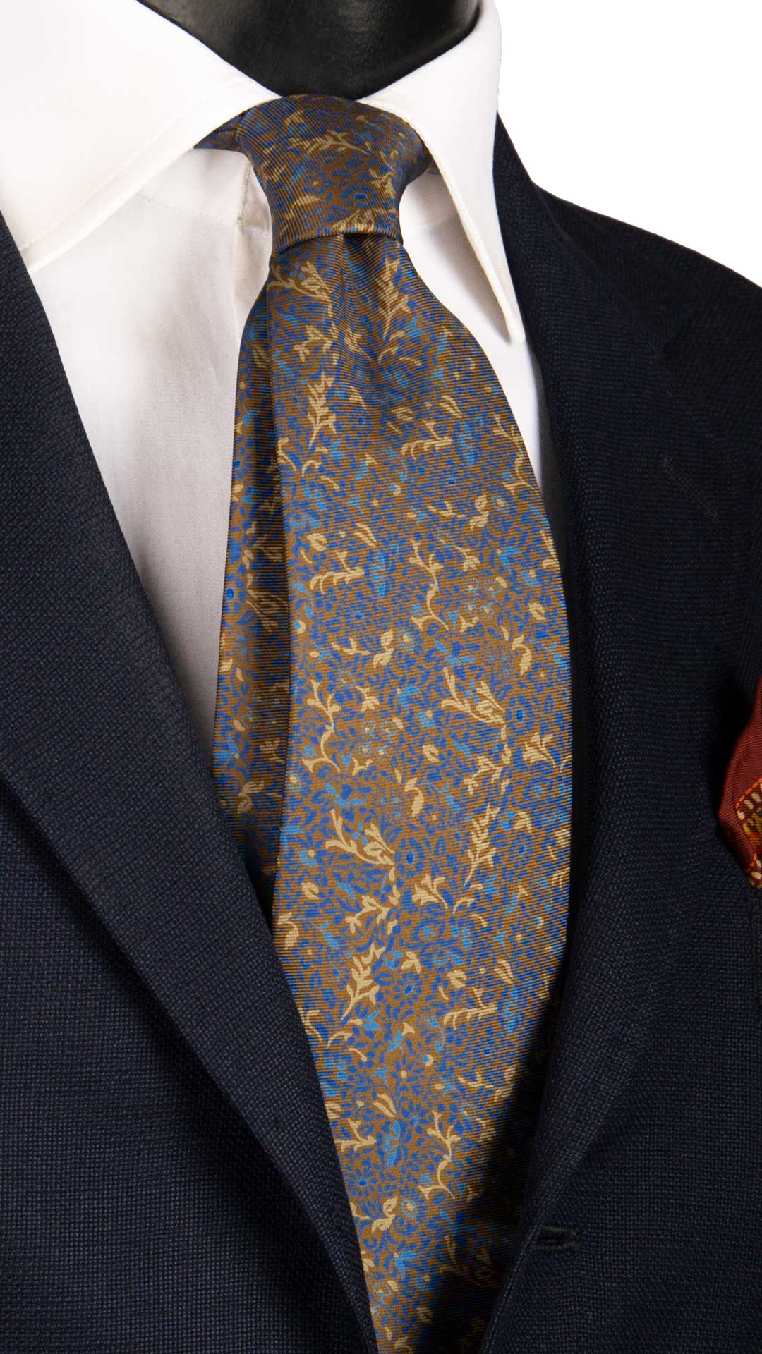 Cravatta Vintage in Twill di Seta Marrone Chiaro a Fiori Beige Blu Azzurri CV870 Made in Italy Graffeo Cravatte