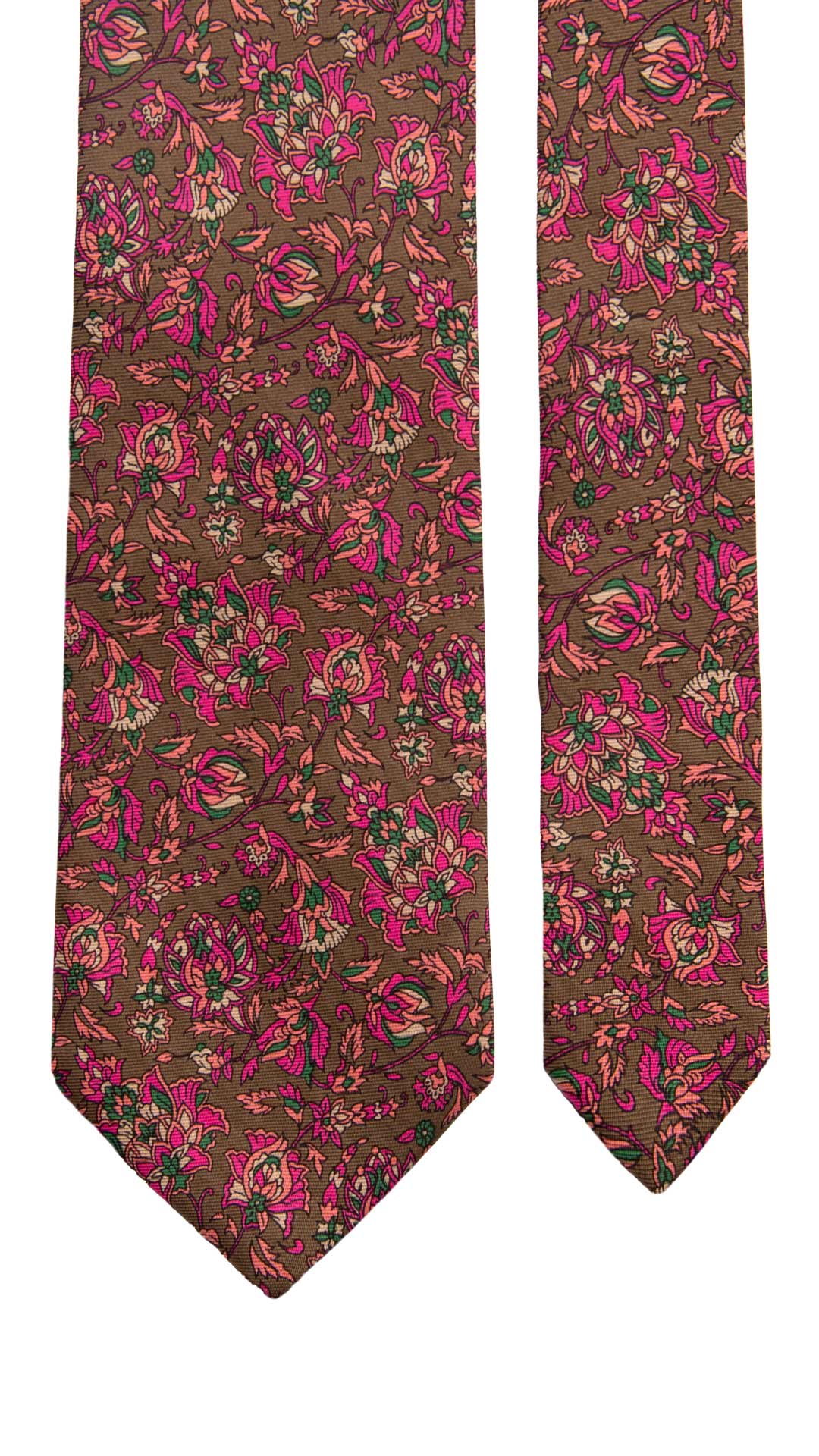 Cravatta Vintage in Twill di Seta Marrone a Fiori Fucsia Rosa Verde CV1176 Made in Italy Graffeo Cravatte Pala