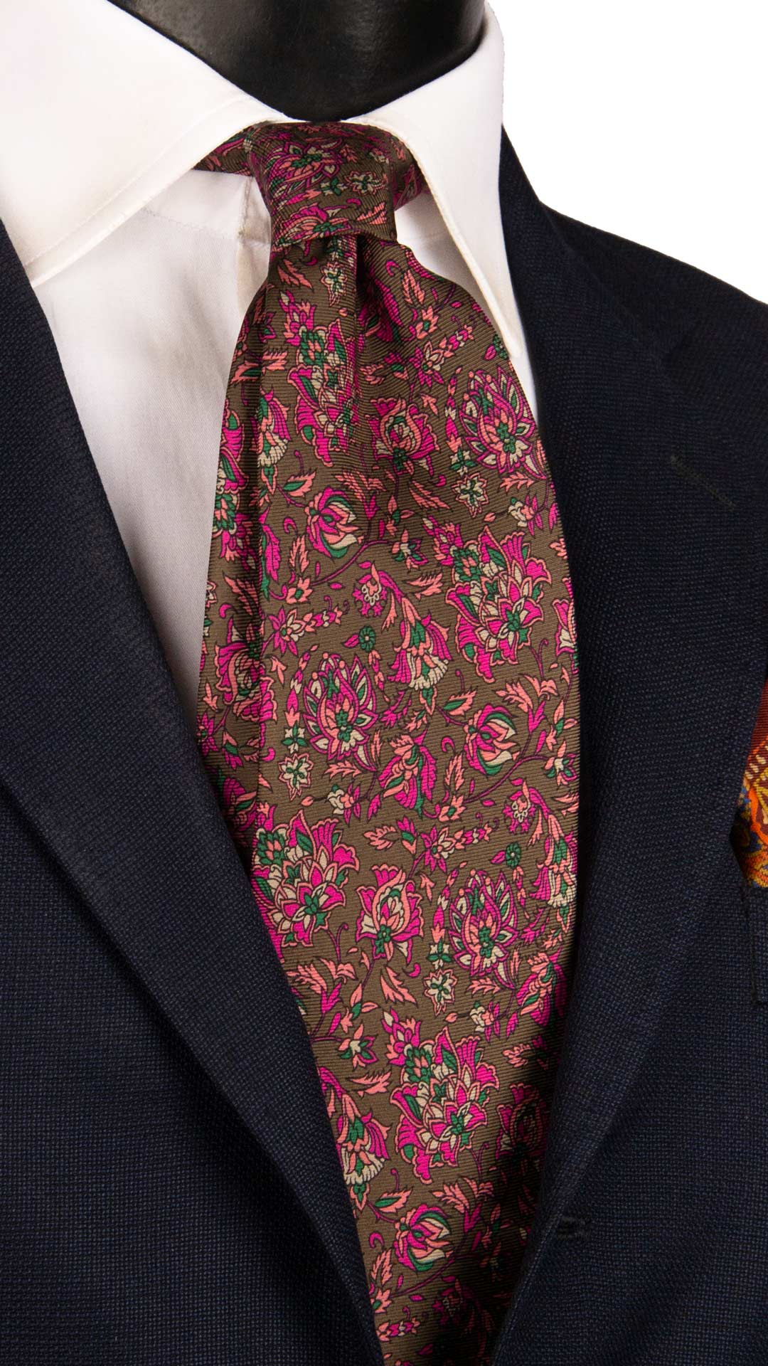 Cravatta Vintage in Twill di Seta Marrone a Fiori Fucsia Rosa Verde CV1176 Made in Italy Graffeo Cravatte