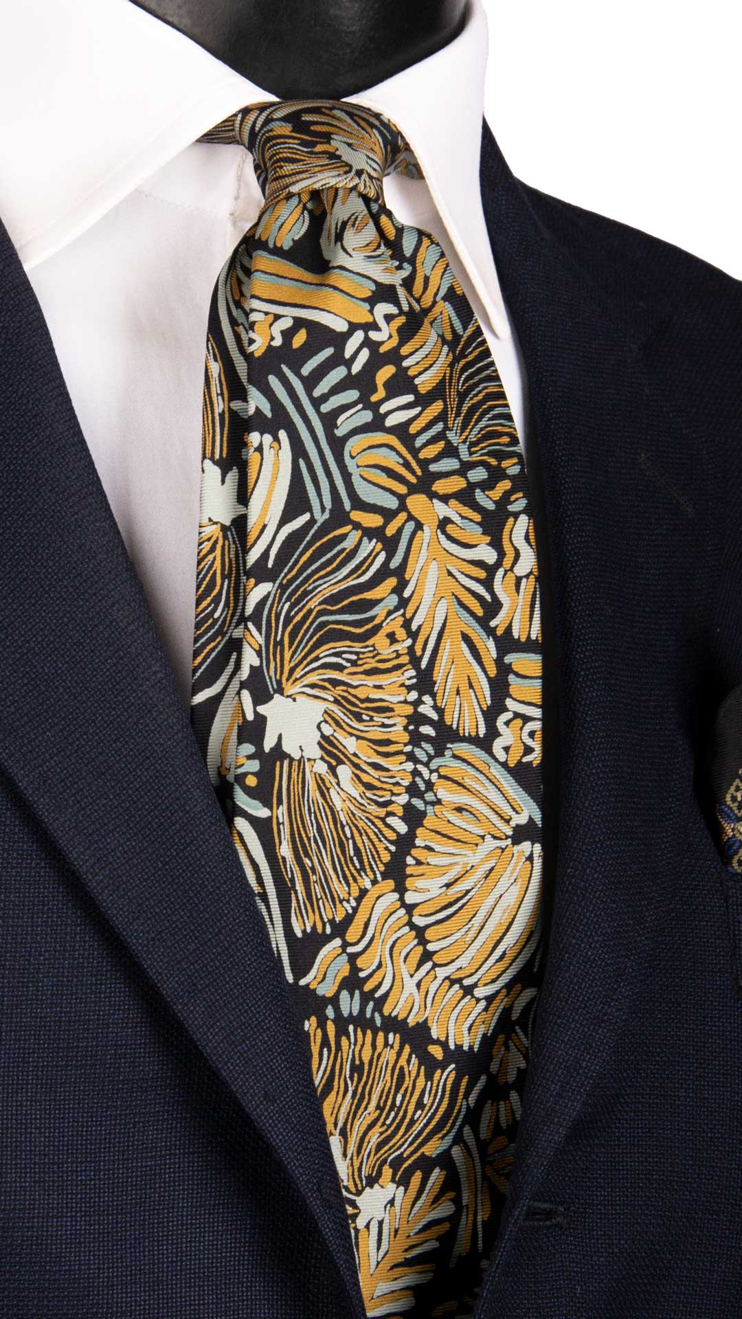 Cravatta Vintage in Twill di Seta Nera Fantasia Giallo Oro Grigio Color Corda CV866 Graffeo Cravatta Made in Italy