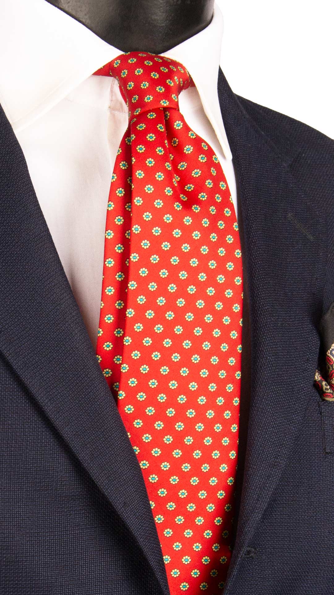 Cravatta Vintage in Twill di Seta Rossa a Fiori Gialli Verde Acqua CV1212 Made in Italy Graffeo Cravatte
