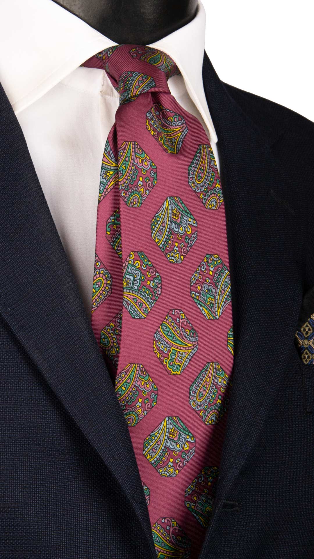 Cravatta Vintage in Twill di Seta Rosso Fragola Fantasia Multicolor CV897 Made in Italy Graffeo Cravatte