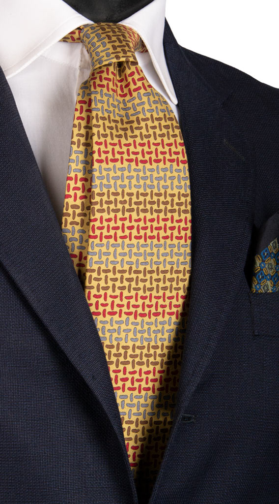Cravatta Vintage in Twill di Seta Sabbia Fantasia Celeste Rosso Verde Made in Italy Graffeo Cravatte
