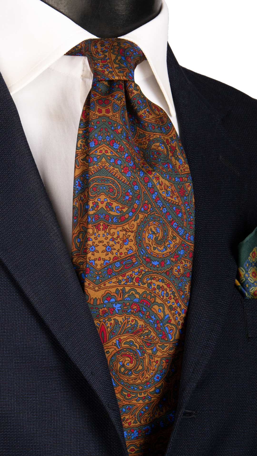 Cravatta Vintage in Twill di Seta Senape Verde Paisley Multicolor CV885 Made in Italy Graffeo Cravatte