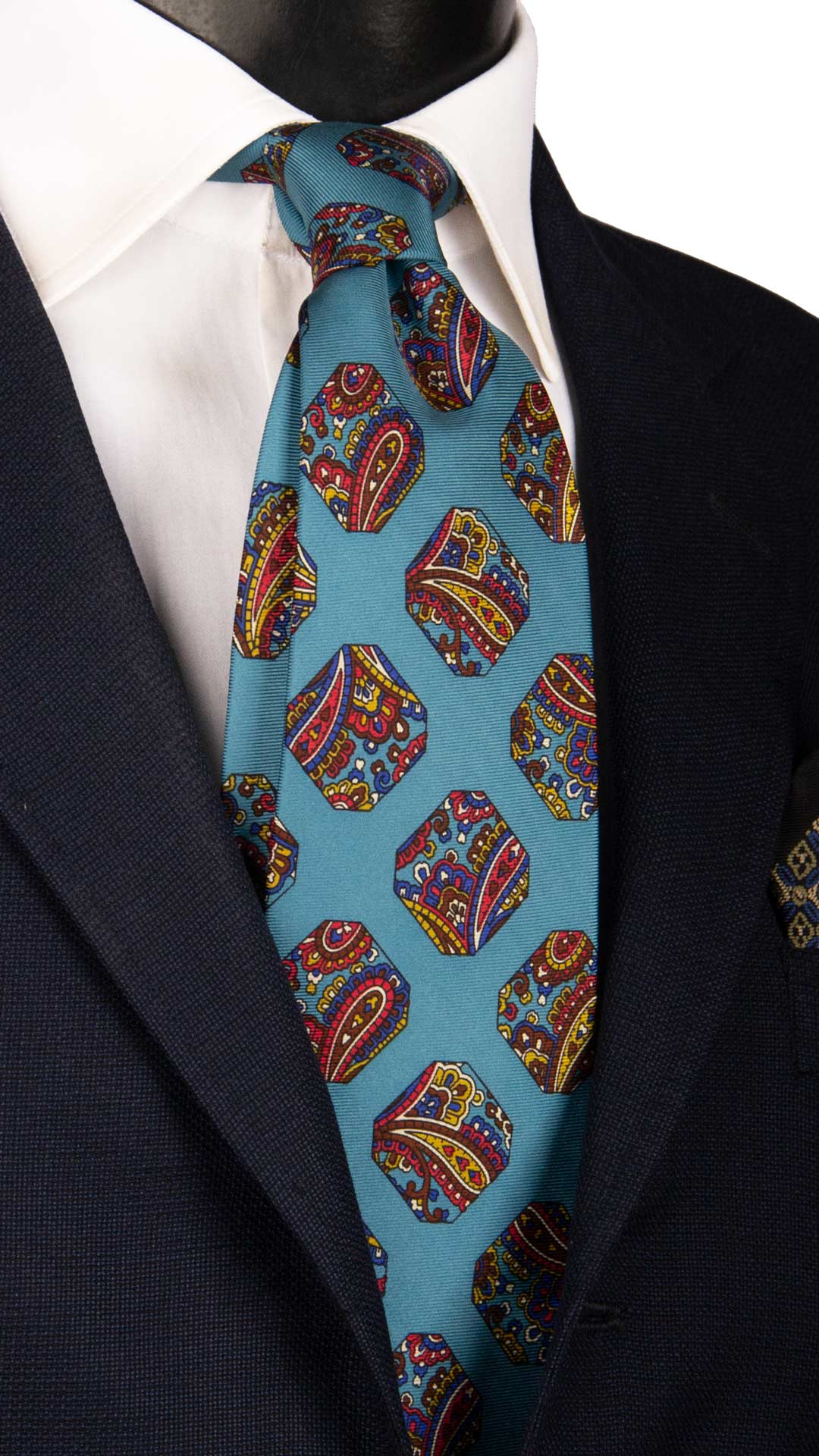 Cravatta Vintage in Twill di Seta Turchese Fantasia Multicolor CV898 Made in Italy Graffeo Cravatte