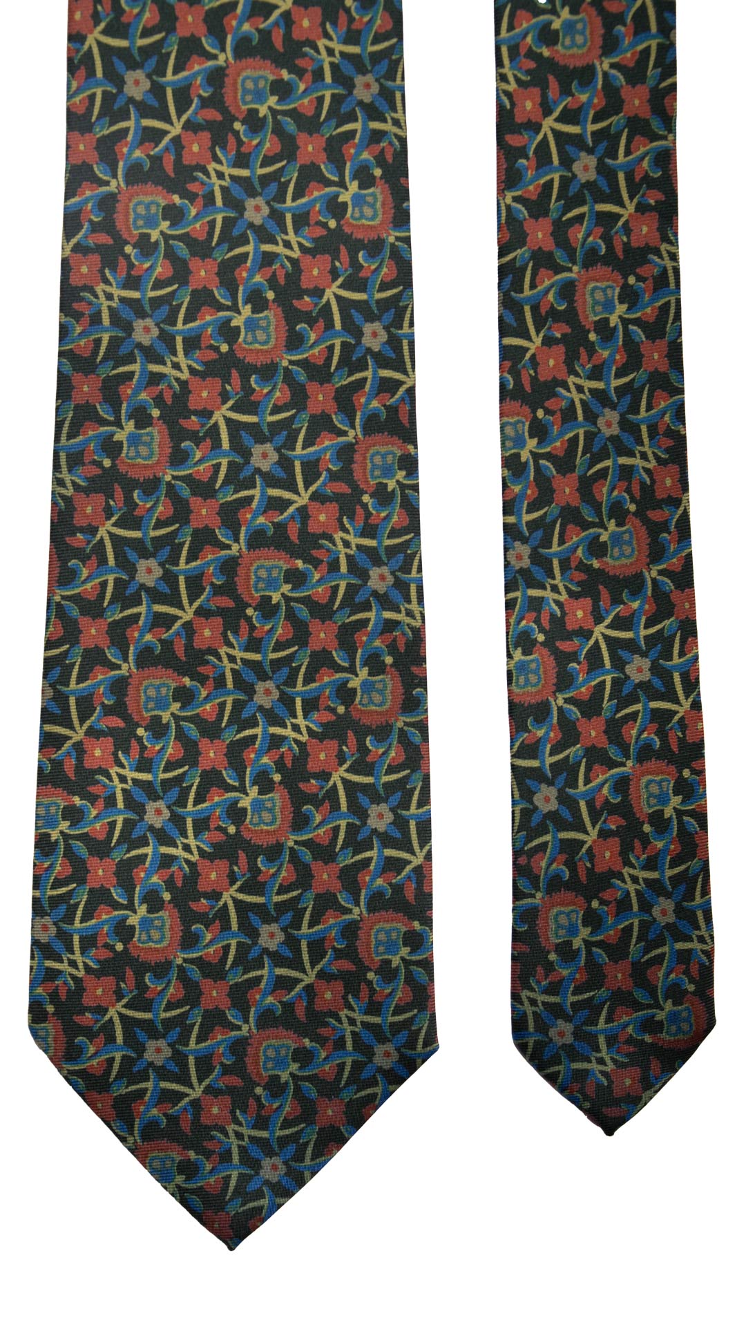 Cravatta Vintage in Twill di Seta Verde Bottiglia A Fiori Bluette Verde Rosso CV783 Pala