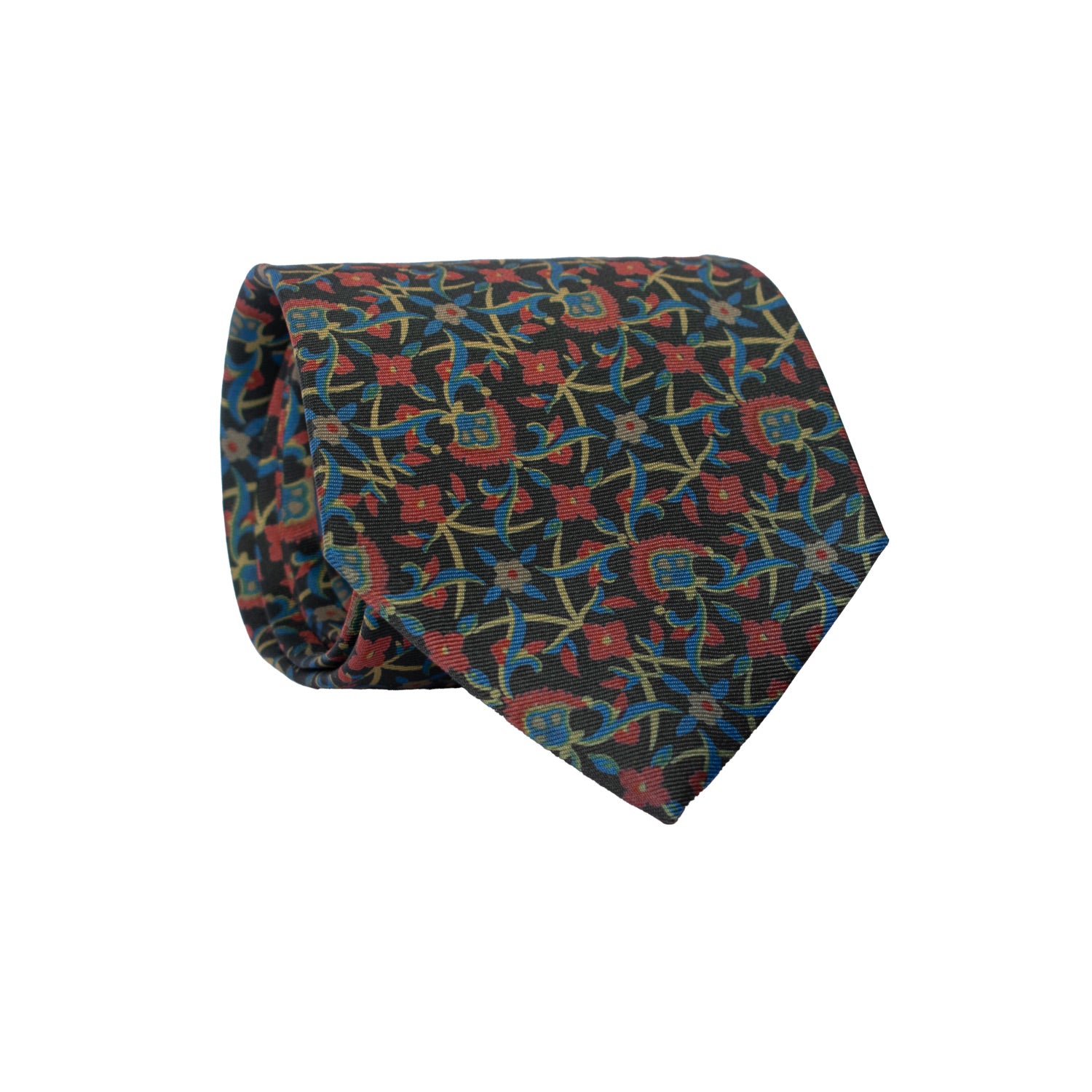 Cravatta Vintage in Twill di Seta Verde Bottiglia A Fiori Bluette Verde Rosso CV783 Rotolo