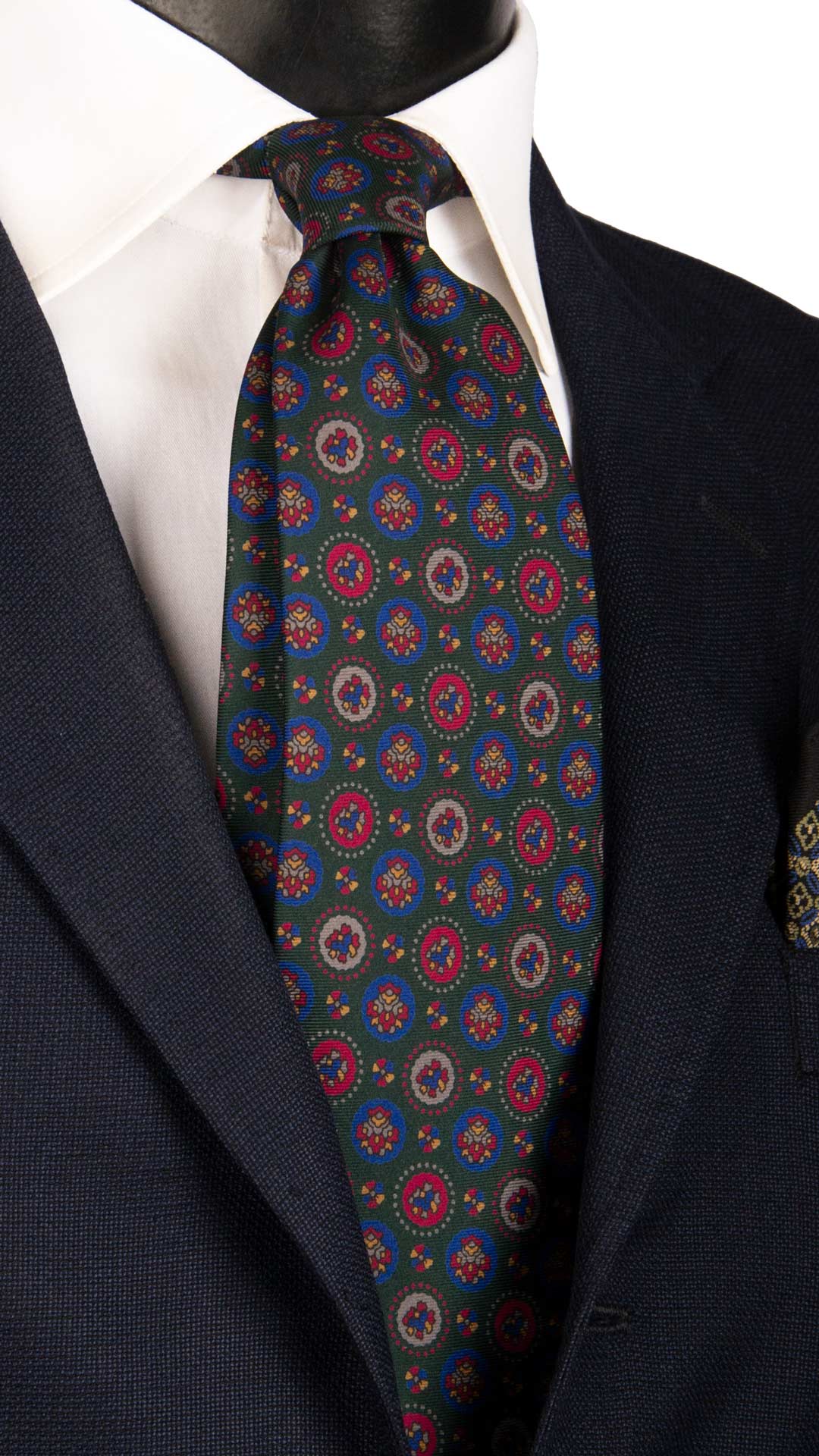 Cravatta Vintage in Twill di Seta Verde Bottiglia Fantasia Multicolor CV884 Made in Italy Graffeo Cravatte