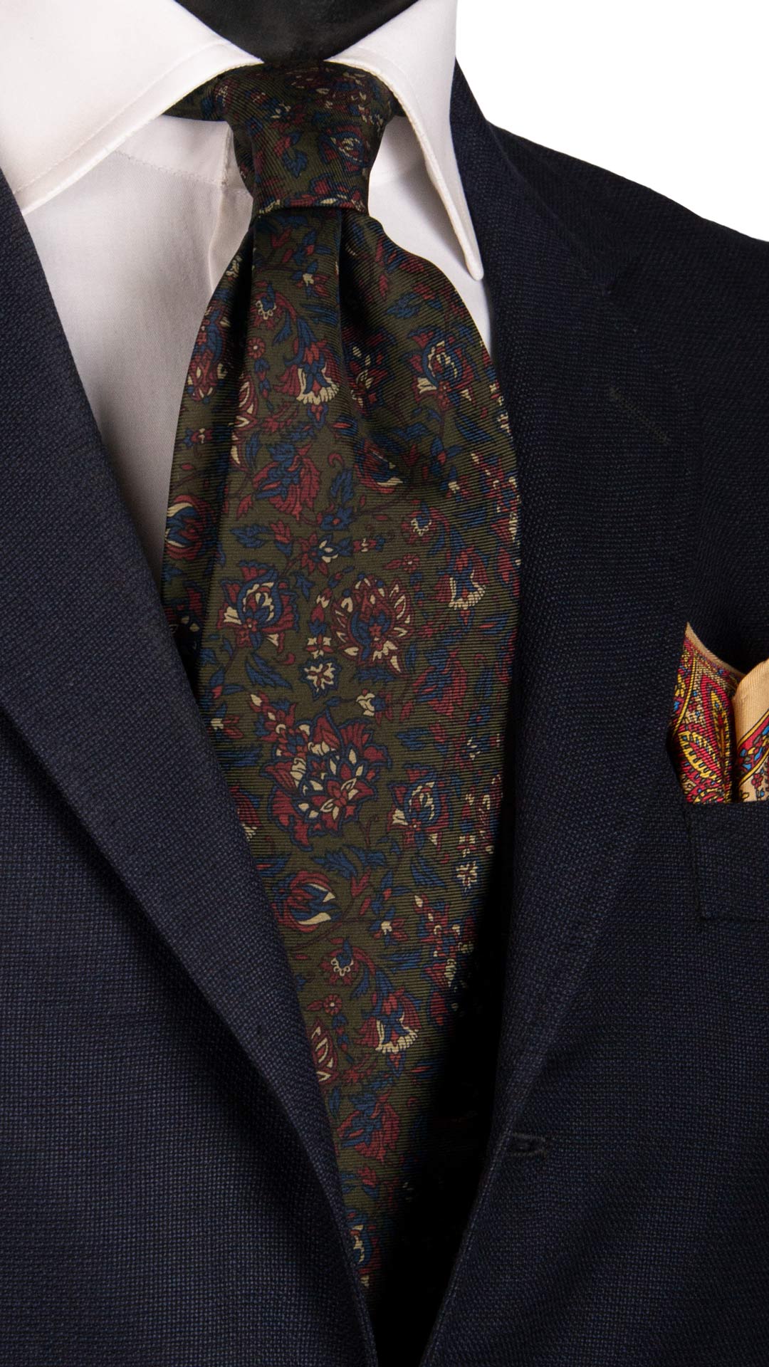 Cravatta Vintage in Twill di Seta Verde Bottiglia a Fiori Bordeaux Blu Beige Made in Italy Graffeo Cravatte