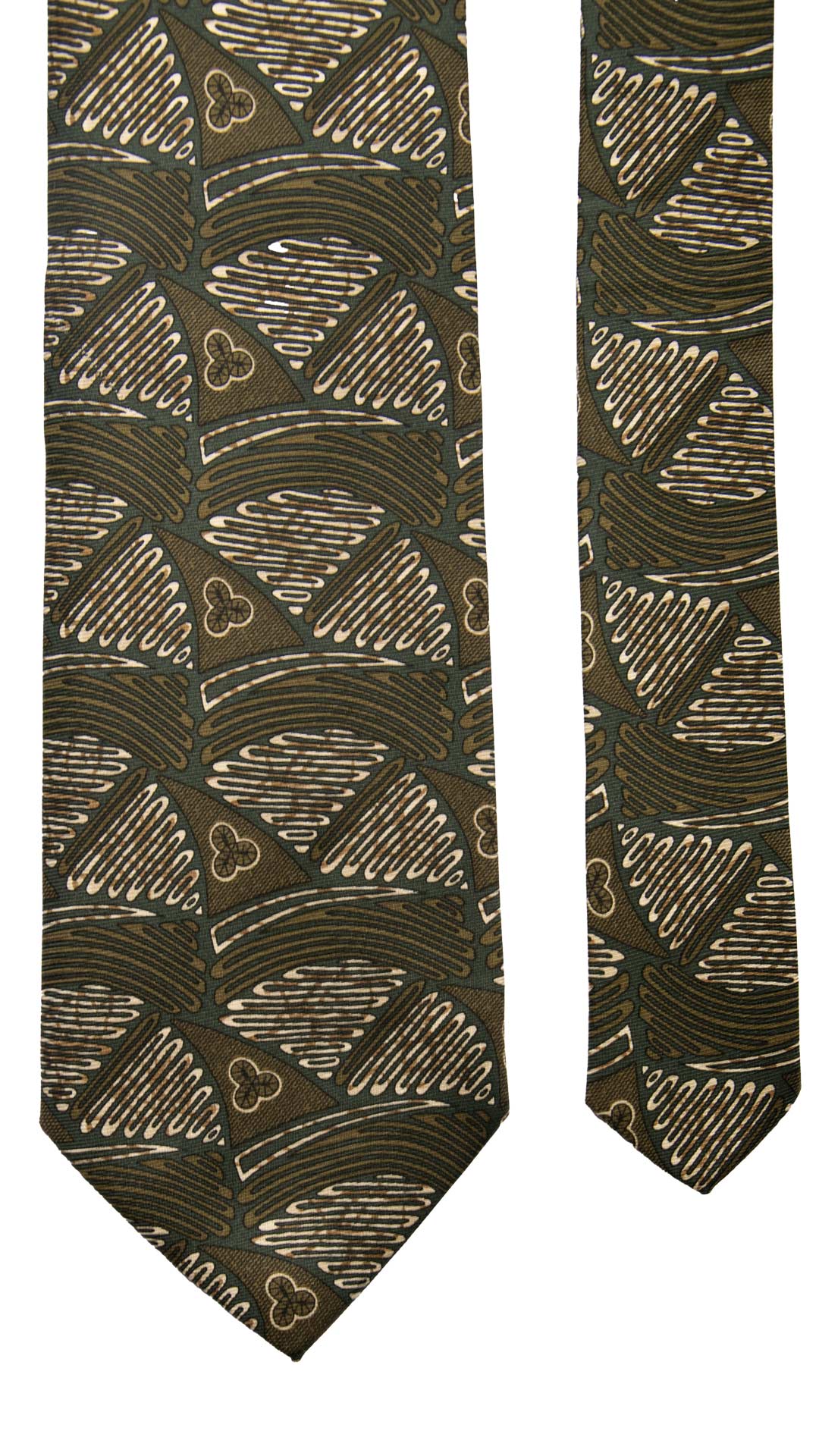 Cravatta Vintage in Twill di Seta Verde Fantasia Marrone Avorio CV796 Pala