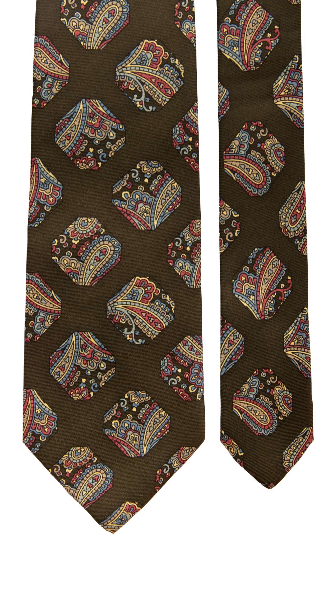 Cravatta Vintage in Twill di Seta Verde Oliva Scuro Fantasia Multicolor CV901 Made in Italy Graffeo Cravatte Pala