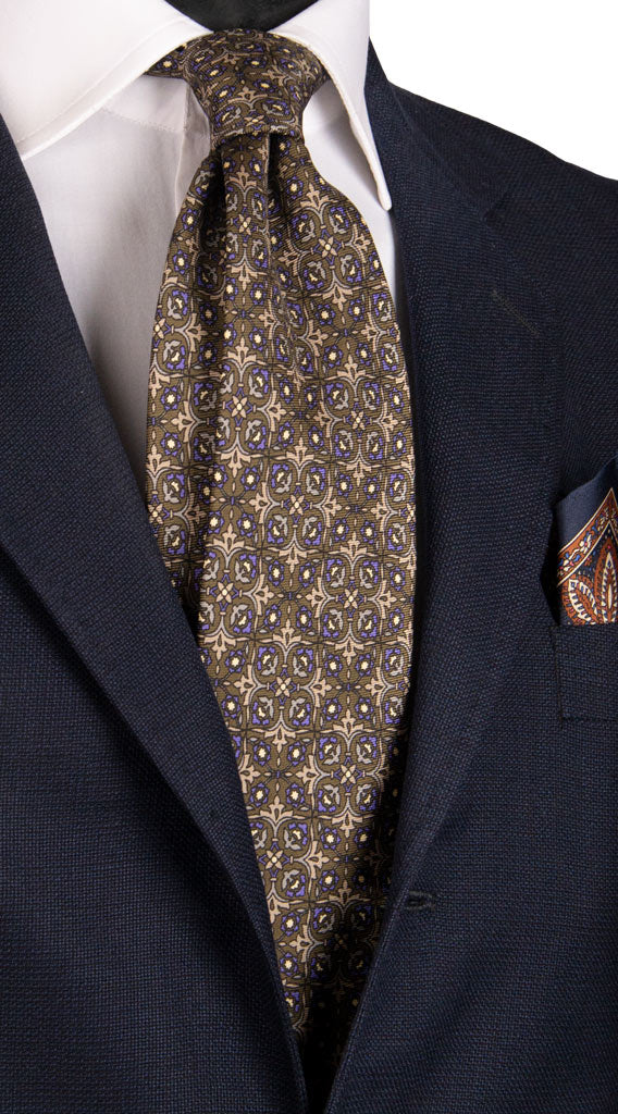 Cravatta Vintage in Twill di Seta Verde Muschio Fantasia Blu Avio Grigio Made in Italy Graffeo Cravatte