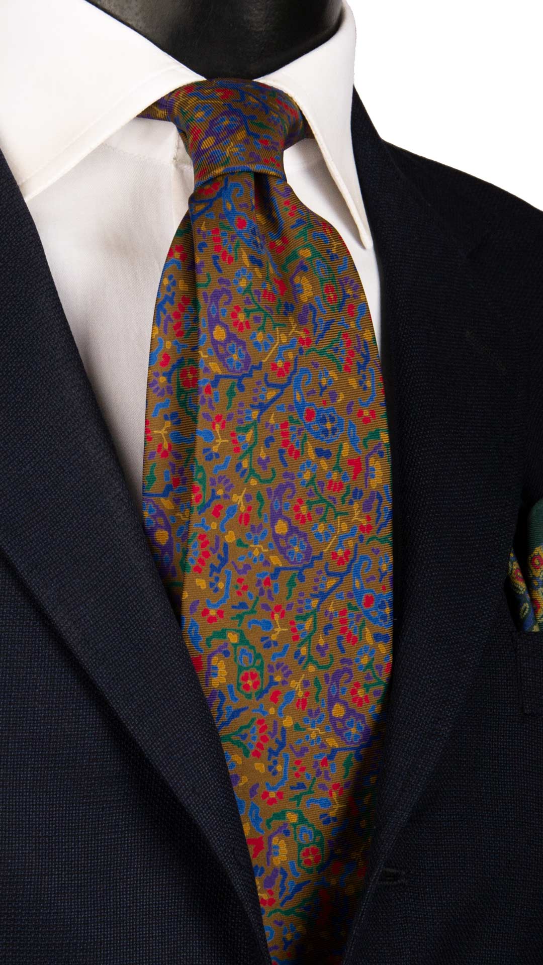 Cravatta Vintage in Twill di Seta Verde Oliva A Fiori Multicolor CV902 Made in Italy Graffeo Cravatte