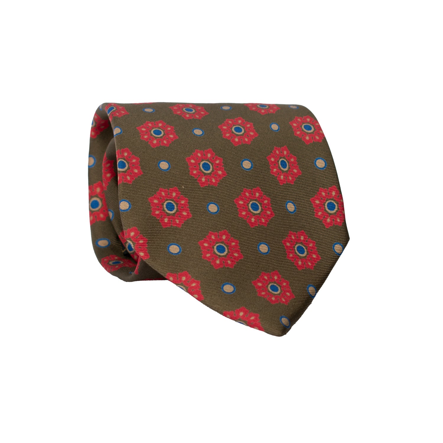 Cravatta Vintage in Twill di Seta Verde Oliva Fantasia Magenta Blu Beige CV788 Rotolo