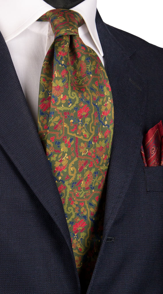 Cravatta Vintage in Twill di Seta Verde Oliva Fantasia Multicolor Made in Italy Graffeo Cravatte