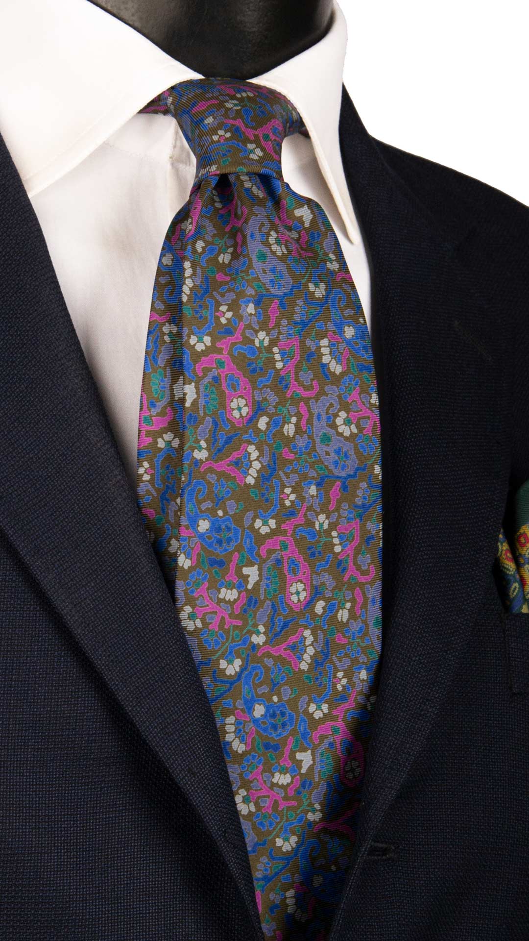 Cravatta Vintage in Twill di Seta Verde Oliva Fantasia Multicolor CV903 Made in Italy Graffeo Cravatte