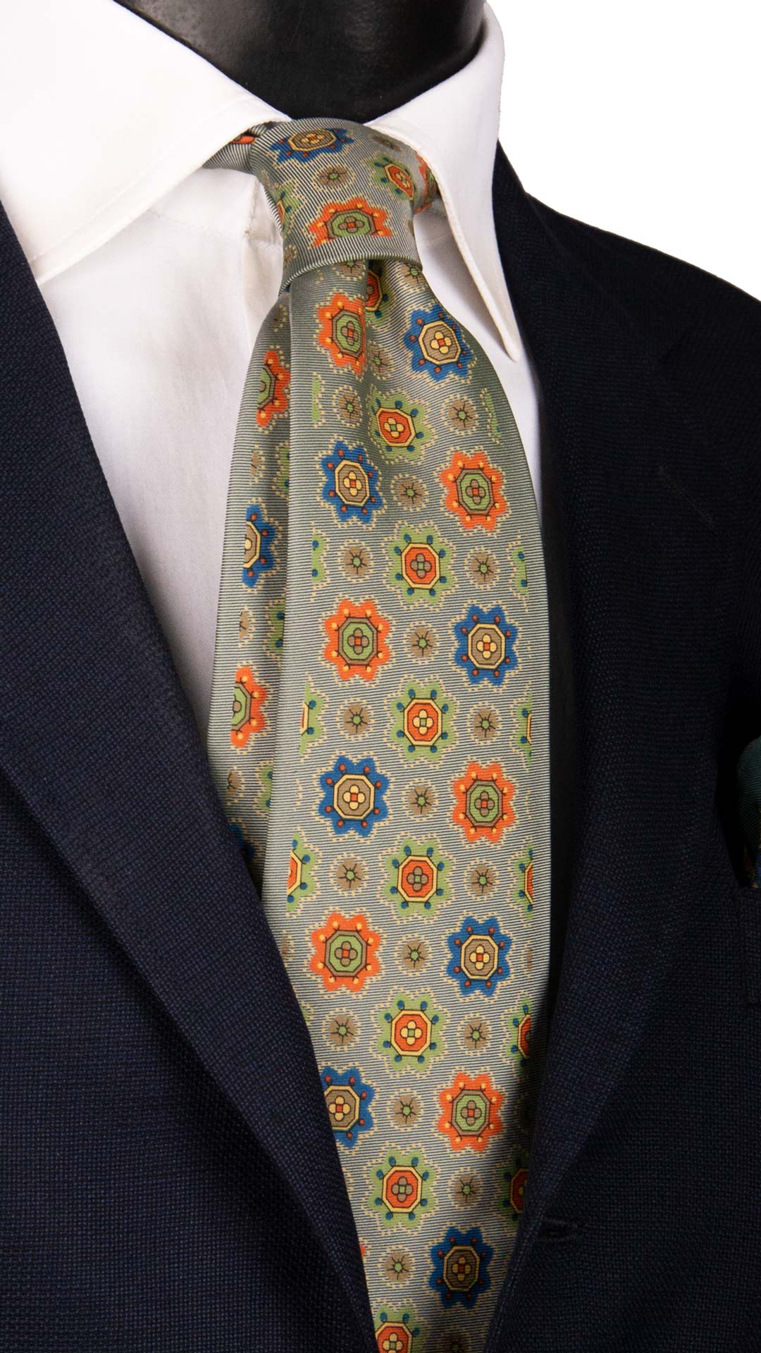 Cravatta Vintage in Twill di Seta Verde Salvia Fantasia Multicolor CV1022 Made in Italy Graffeo Cravatte
