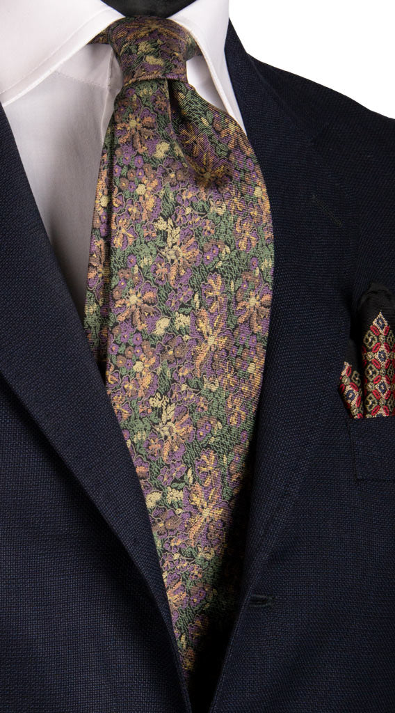 Cravatta Vintage in Twill di Seta Verde a Fiori Lilla Made in Italy Graffeo Cravatte