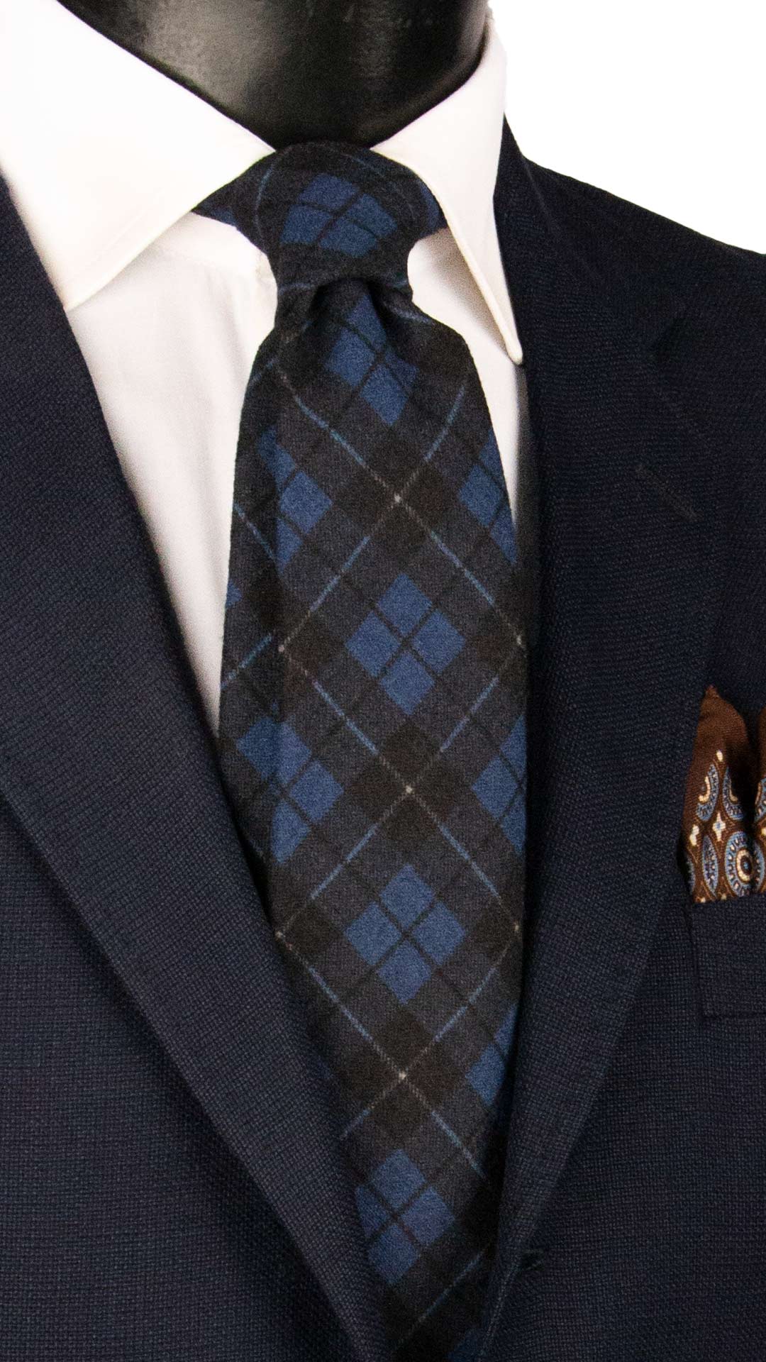 Man Wool Tie Deep Blue Grey Dark Blue Checks L1346