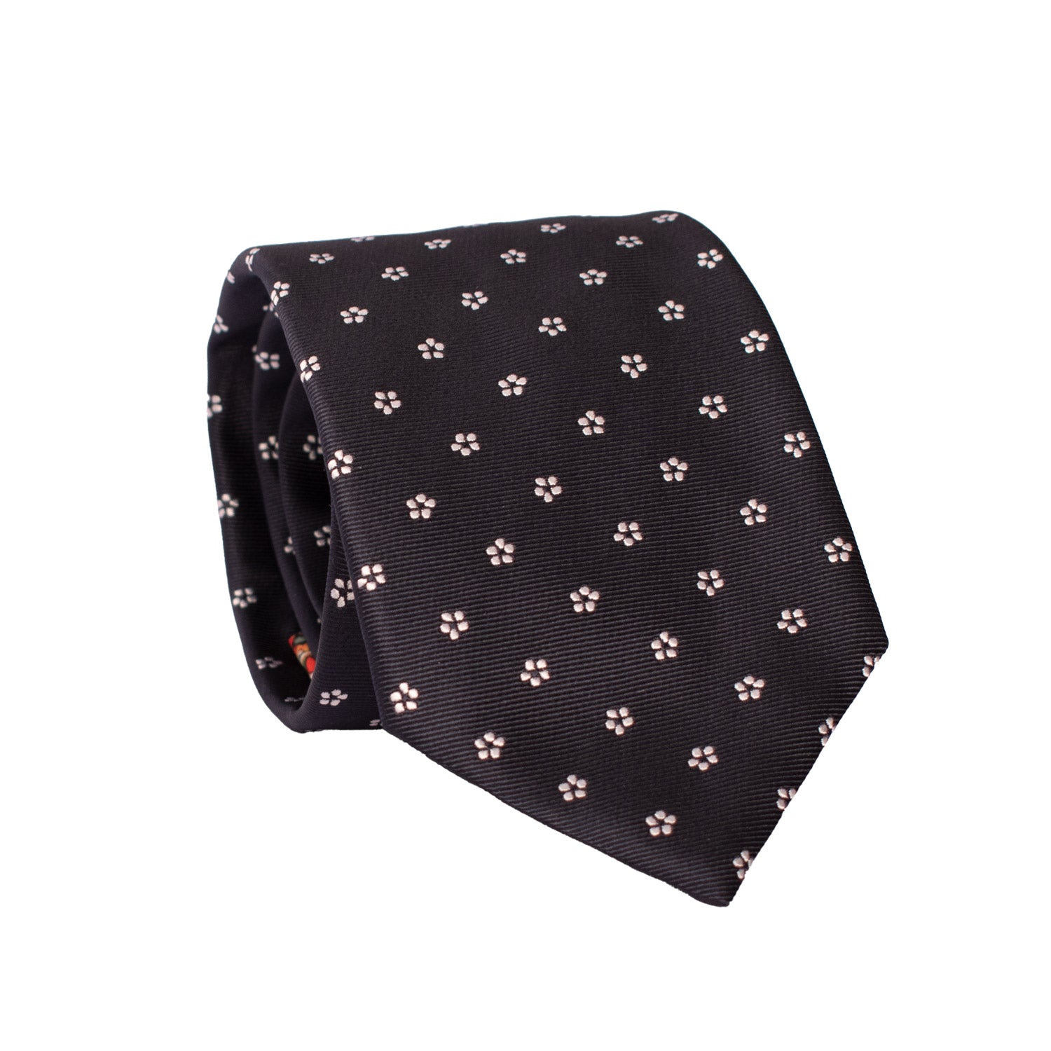 Cravatta da Cerimonia di Seta Blu a Fiori Bianchi CY6622 Arrotolata