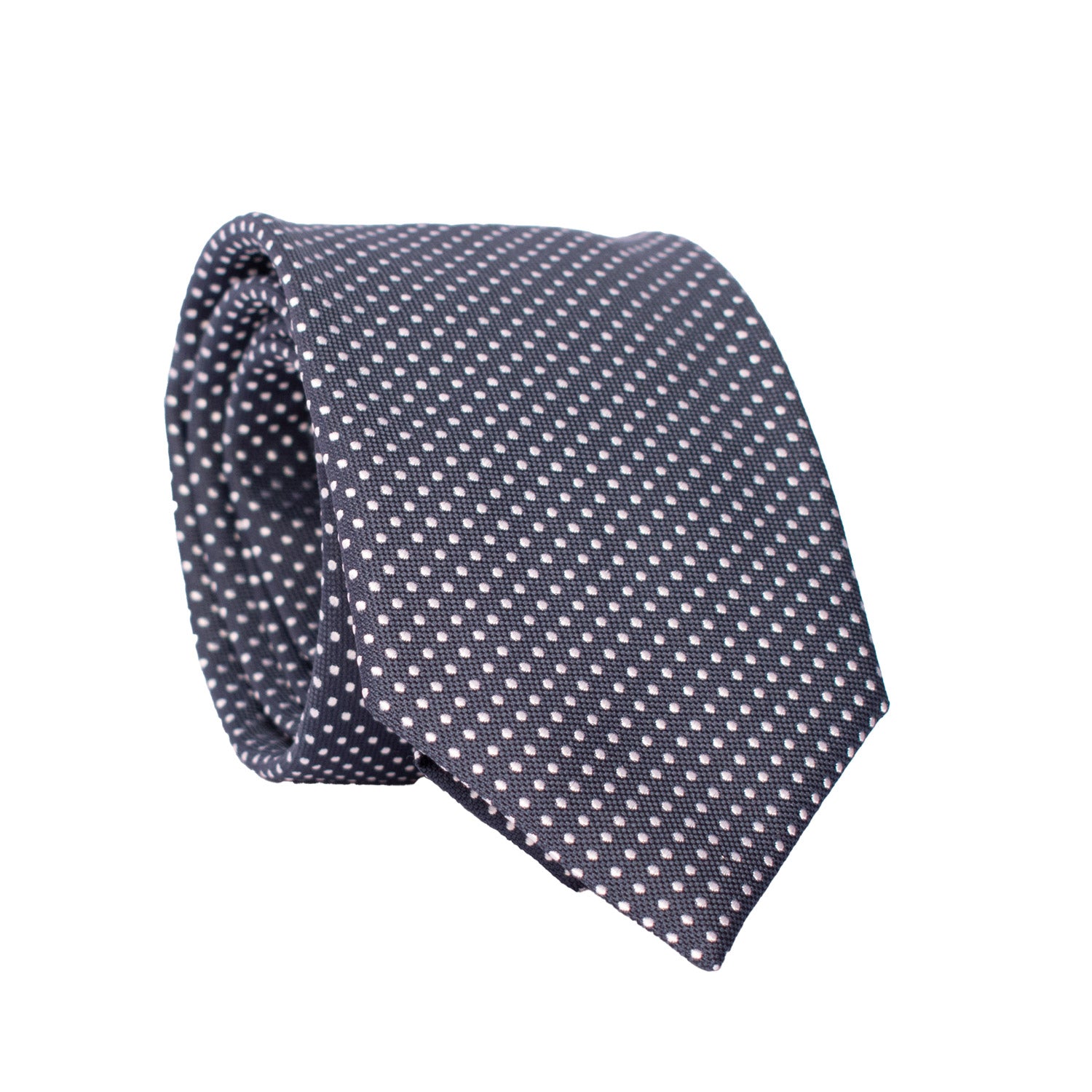 Cravatta da Cerimonia di Seta Blu a Pois Grigio Argento CY6656 Arrotolata