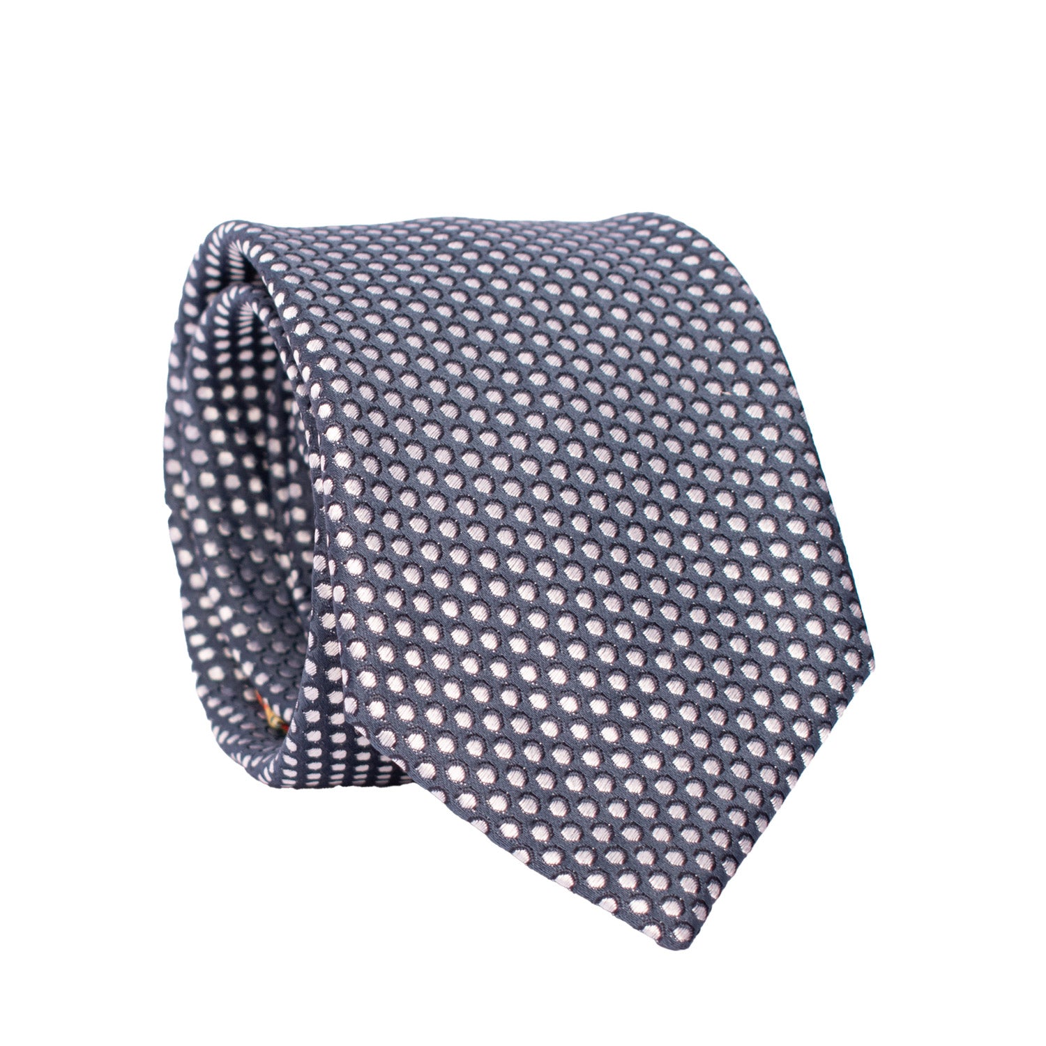 Cravatta da Cerimonia di Seta Blu a Pois Grigio Argento CY6664 Arrotolata