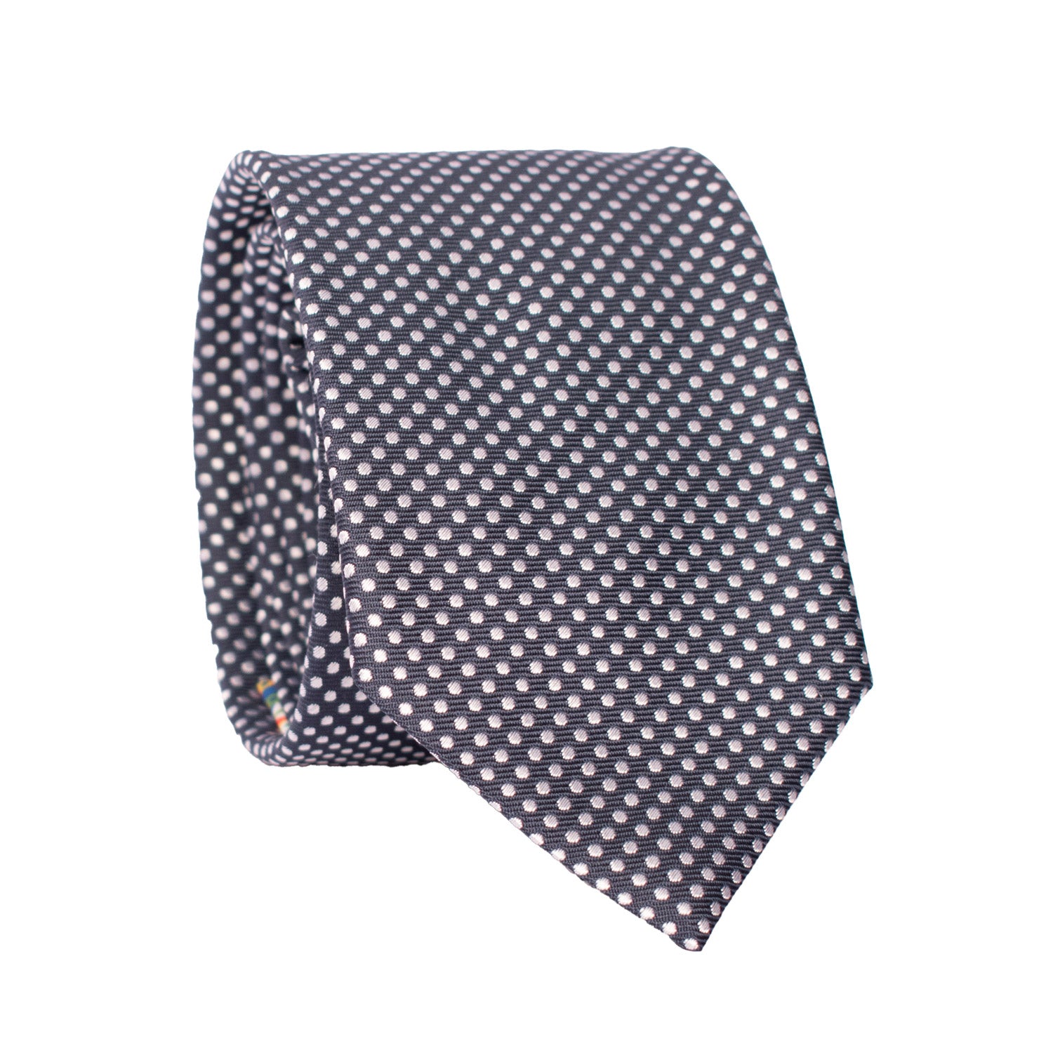 Cravatta da Cerimonia di Seta Blu a Pois Grigio Argento CY6676 Arrotolata