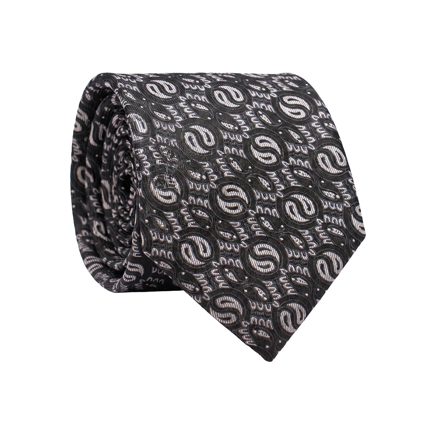 Cravatta da Cerimonia di Seta Nera Paisley Grigio Scuro Grigio Argento CY1540 Graffeo Cravatte Made in Italy Rotolo