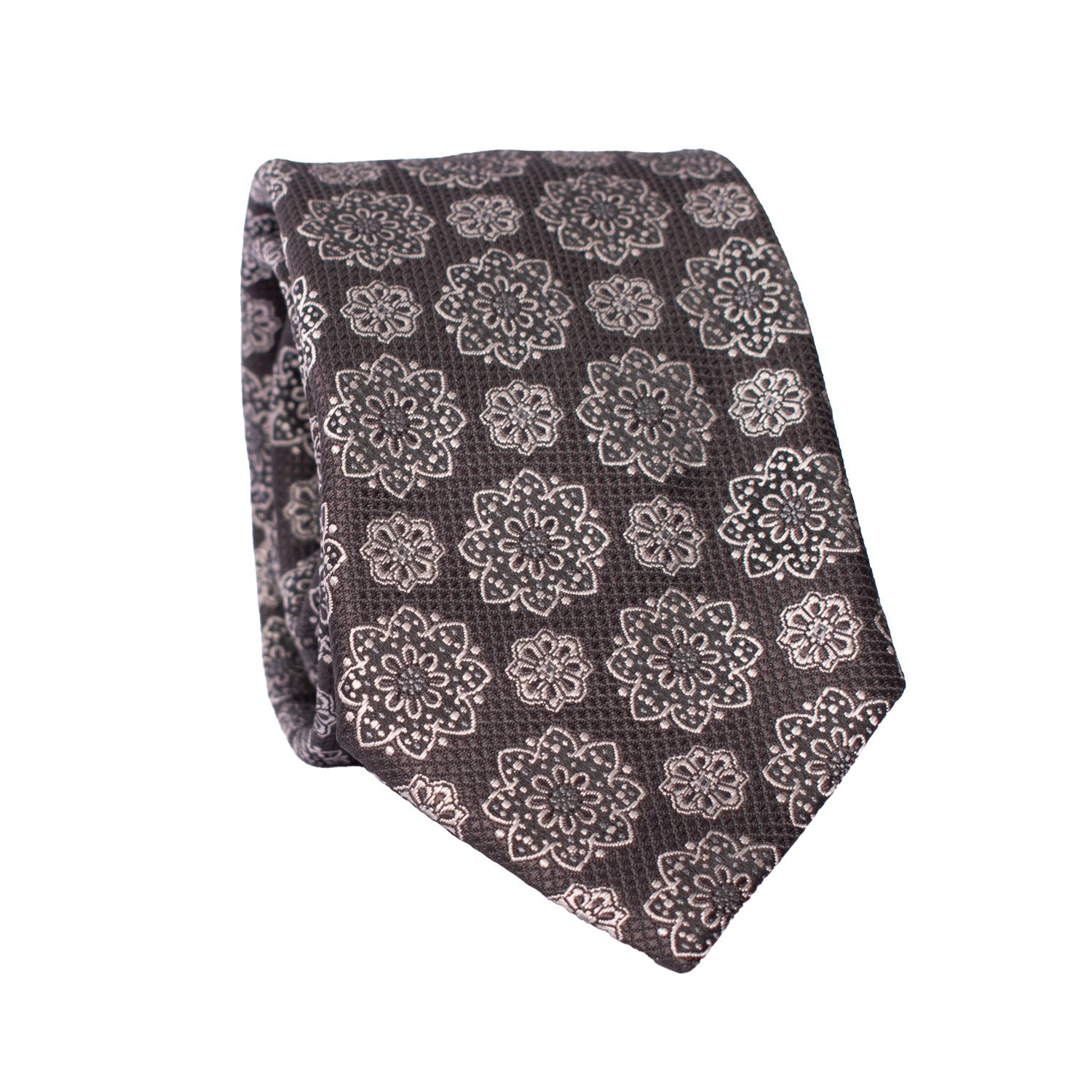 Cravatta da Cerimonia di Seta Nera a Medaglioni Grigi CY6667 Arrotolata