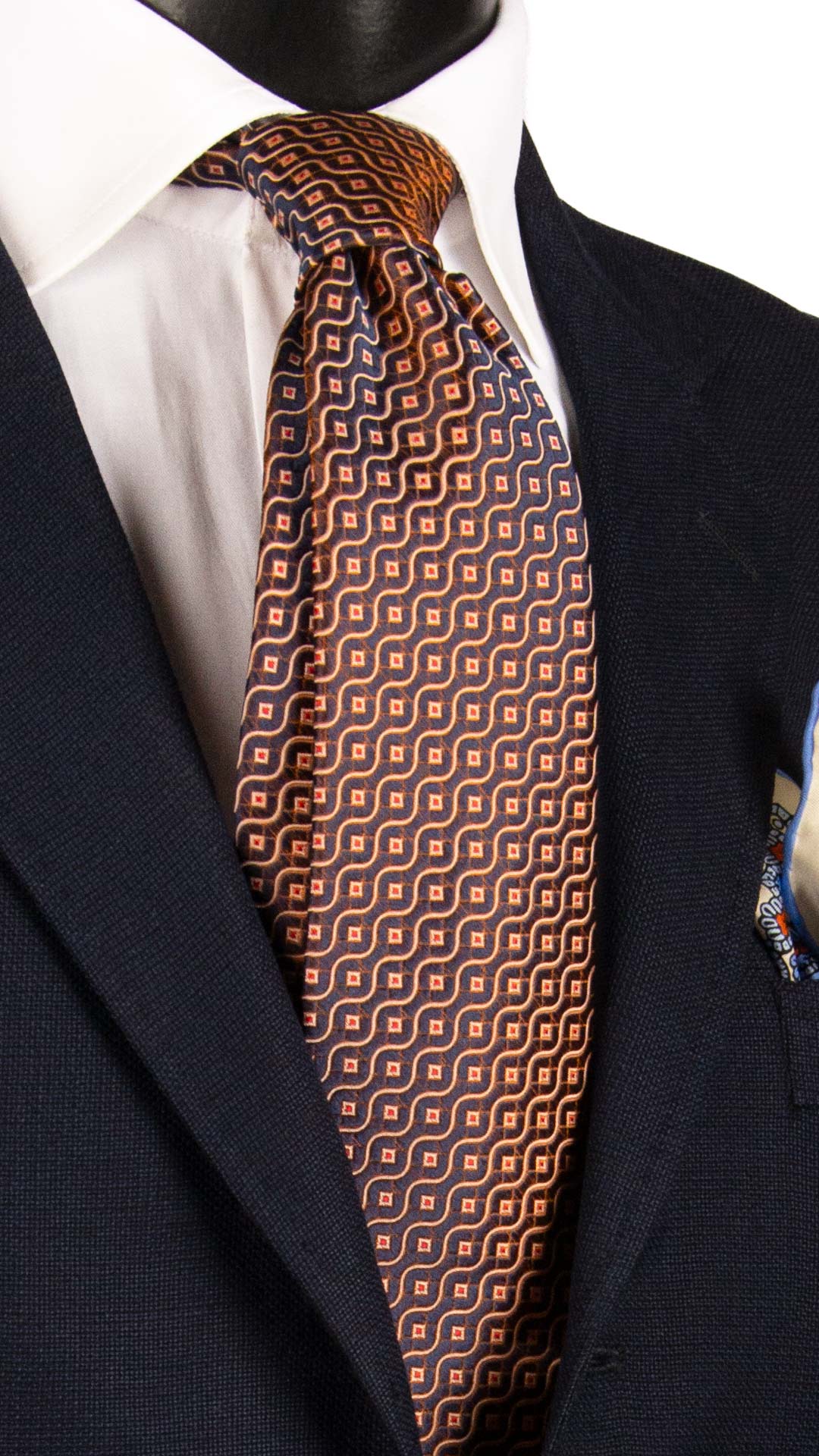 Cravatta di Seta Arancione Blu Cangiante Fantasia Bianca Rossa 7268 Graffeo Cravatte Made in Italy