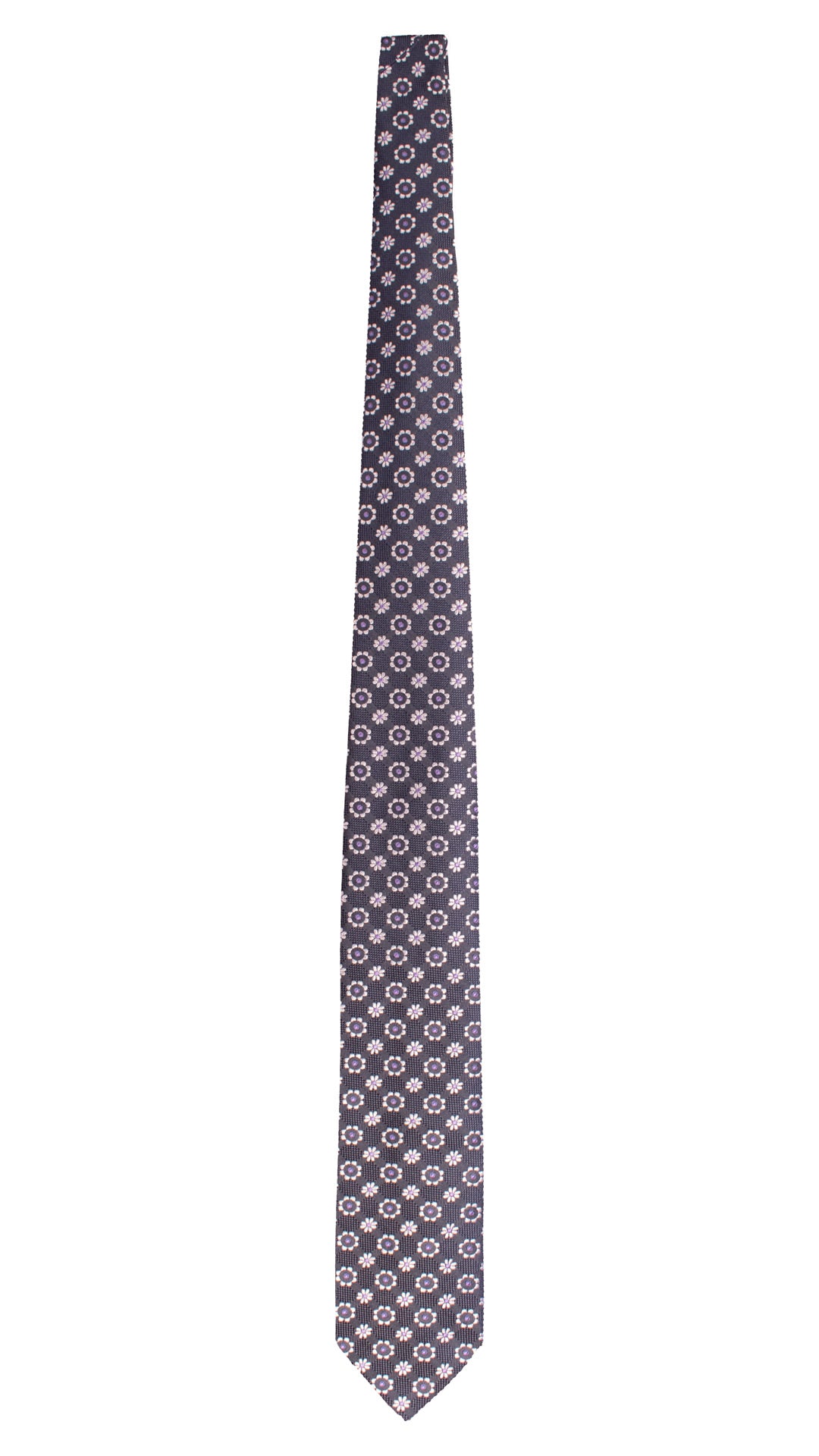 Cravatta di Seta Avio Scuro a Fiori Grigi Viola AN7567 Made in Italy Graffeo Cravatte Intera