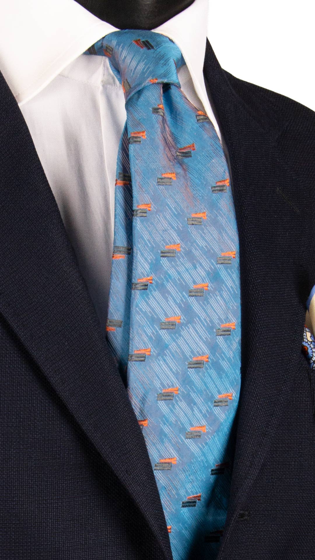 Cravatta di Seta Azzurra Lurex Fantasia Arancione Grigio Scuro 7239 Graffeo Cravatte Made in Italy