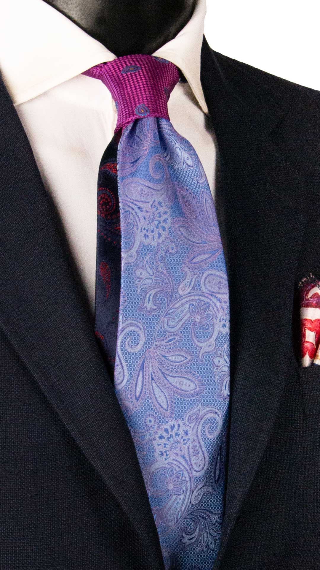 Cravatta di Seta Azzurra Paisley Celeste Glicine Nodo in Contrasto Viola Paisley Azzurro Giallo N3311 Graffeo Cravatte Made in Italy