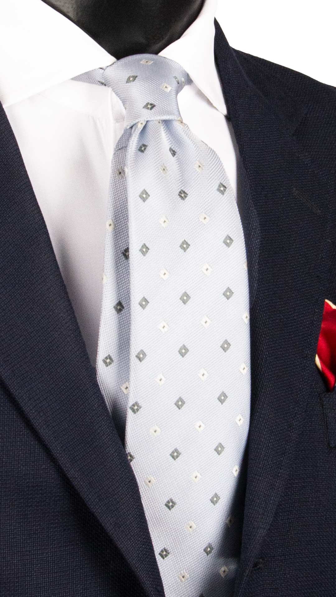 Cravatta di Seta Azzurro Polvere Fantasia Avio Bianco 1910 Graffeo Cravatte Made in Italy