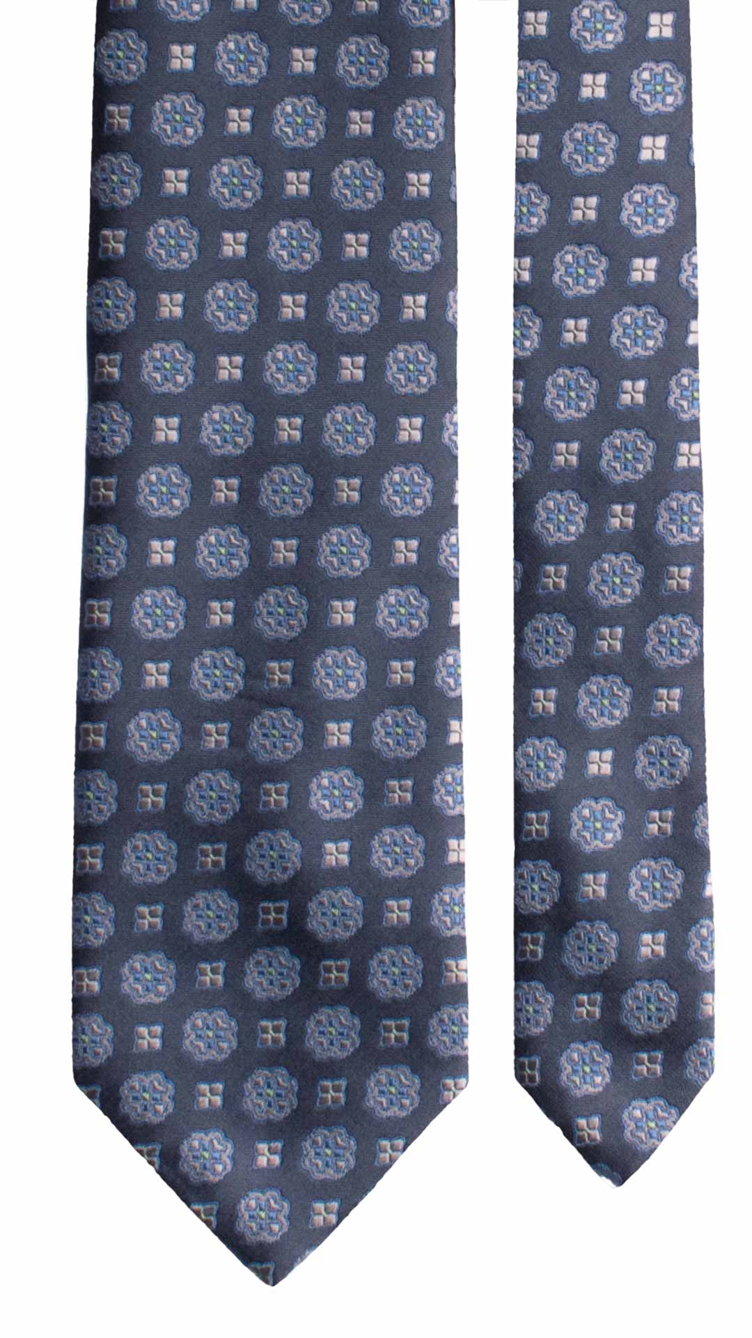 Cravatta di Seta Blu Fantasia Bluette Grigia Verde 1928 Graffeo Cravatte Made in Italy Pala